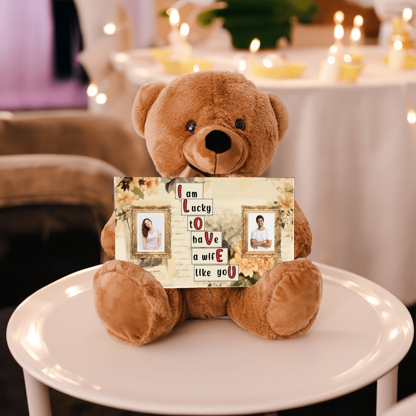 ILOVEU Romantic Gift for Wife - Personalized Couple Photo Teddy Bear with Vintage Design Sign Card