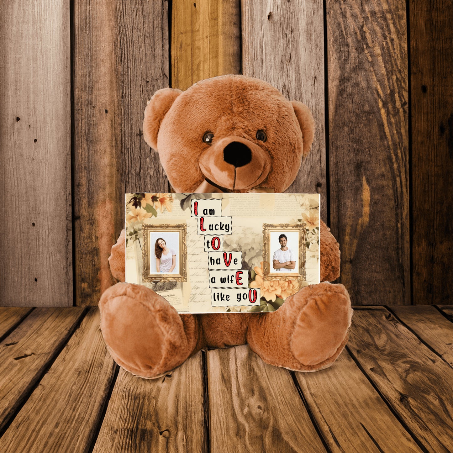 ILOVEU Romantic Gift for Wife - Personalized Couple Photo Teddy Bear with Vintage Design Sign Card