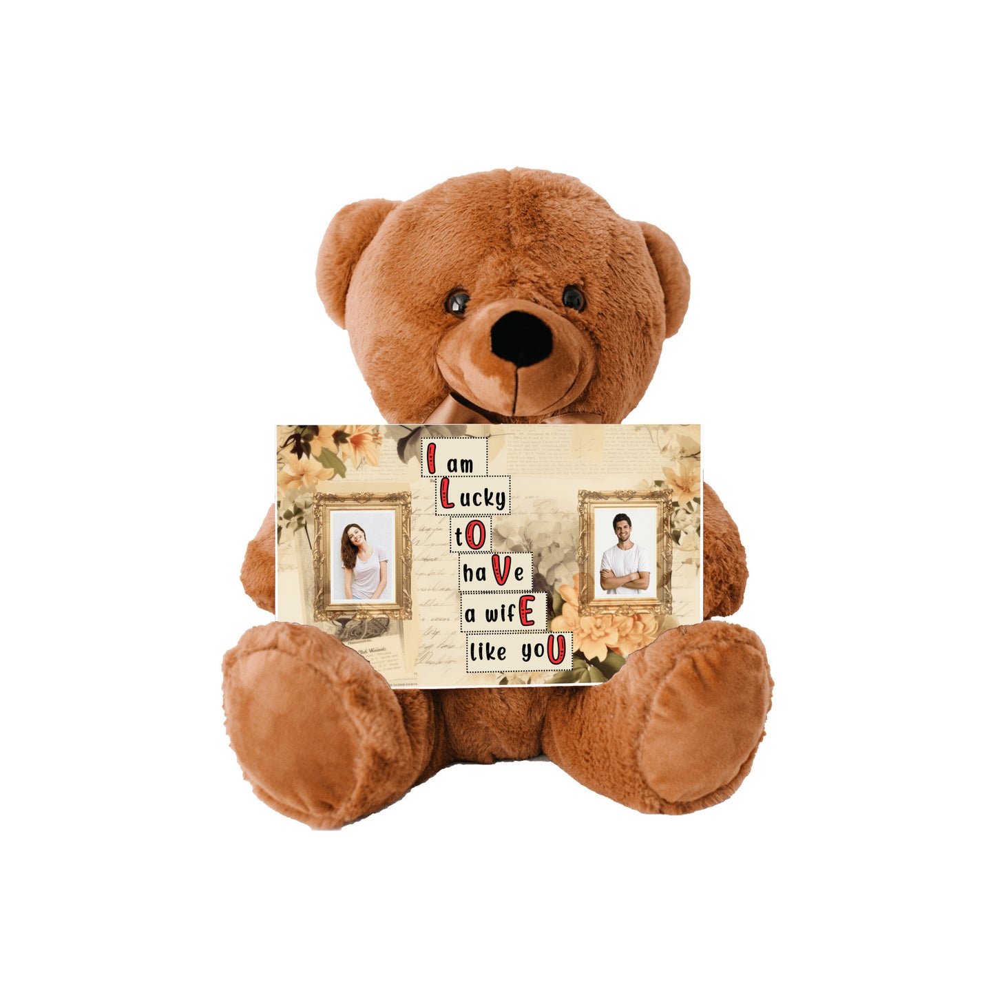 ILOVEU Romantic Gift for Wife - Personalized Couple Photo Teddy Bear with Vintage Design Sign Card