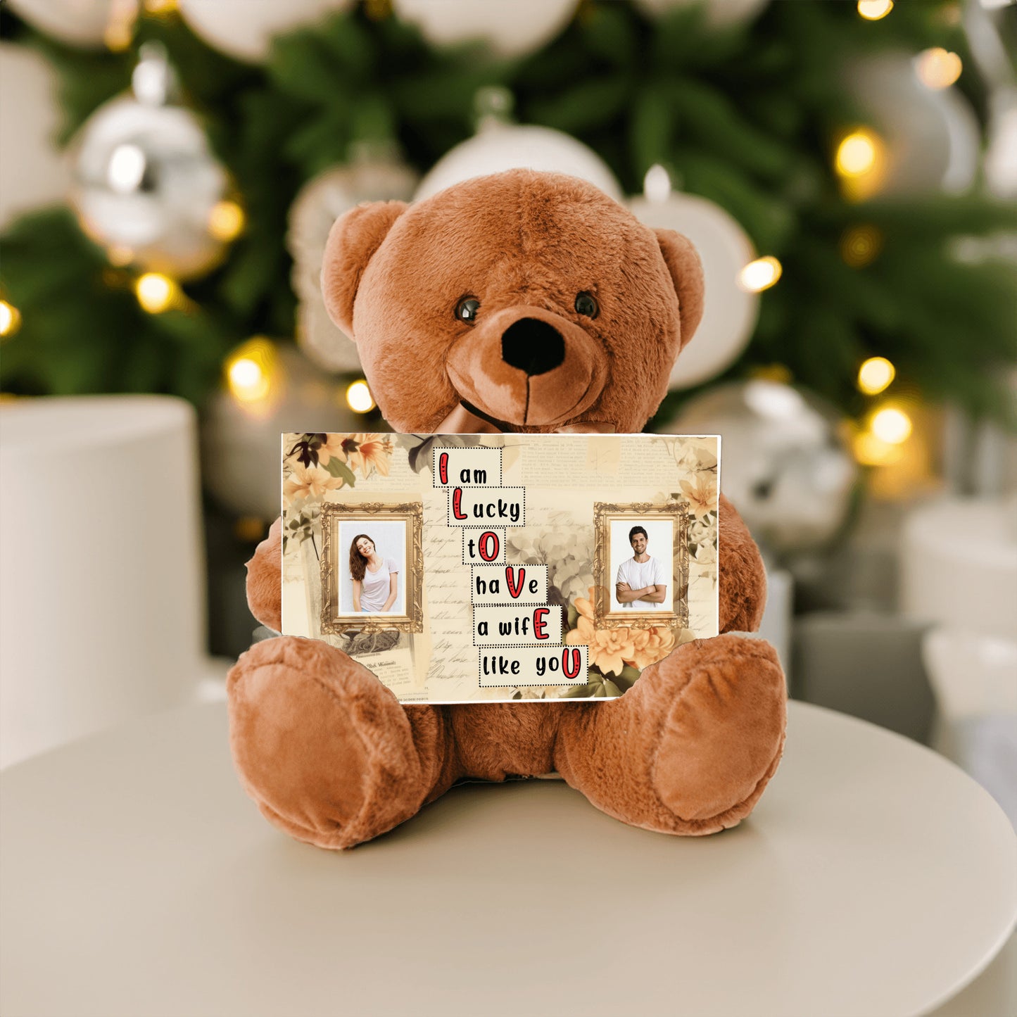 ILOVEU Romantic Gift for Wife - Personalized Couple Photo Teddy Bear with Vintage Design Sign Card