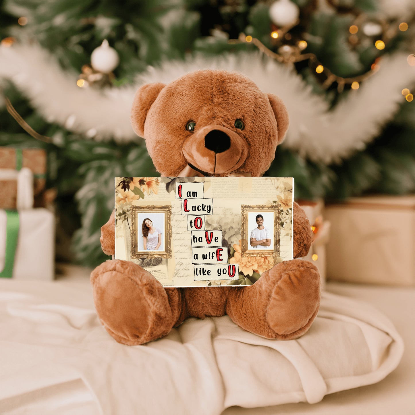 ILOVEU Romantic Gift for Wife - Personalized Couple Photo Teddy Bear with Vintage Design Sign Card