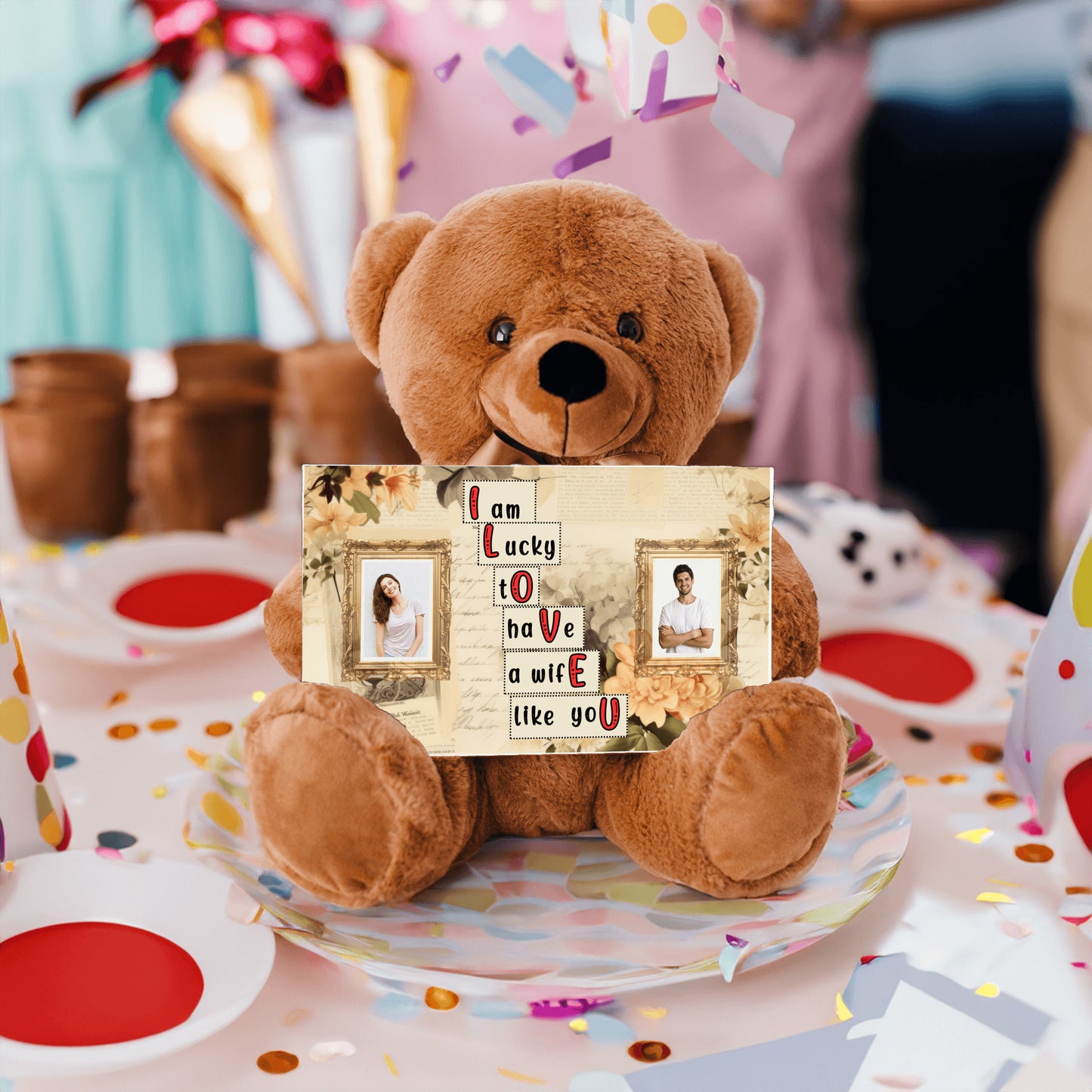 ILOVEU Romantic Gift for Wife - Personalized Couple Photo Teddy Bear with Vintage Design Sign Card