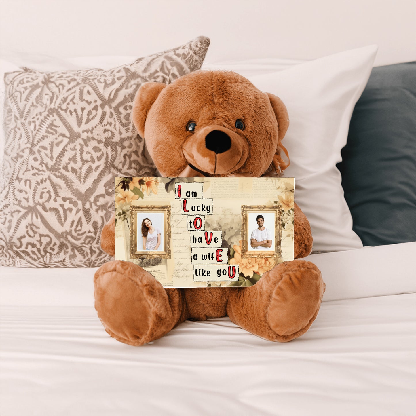 ILOVEU Romantic Gift for Wife - Personalized Couple Photo Teddy Bear with Vintage Design Sign Card