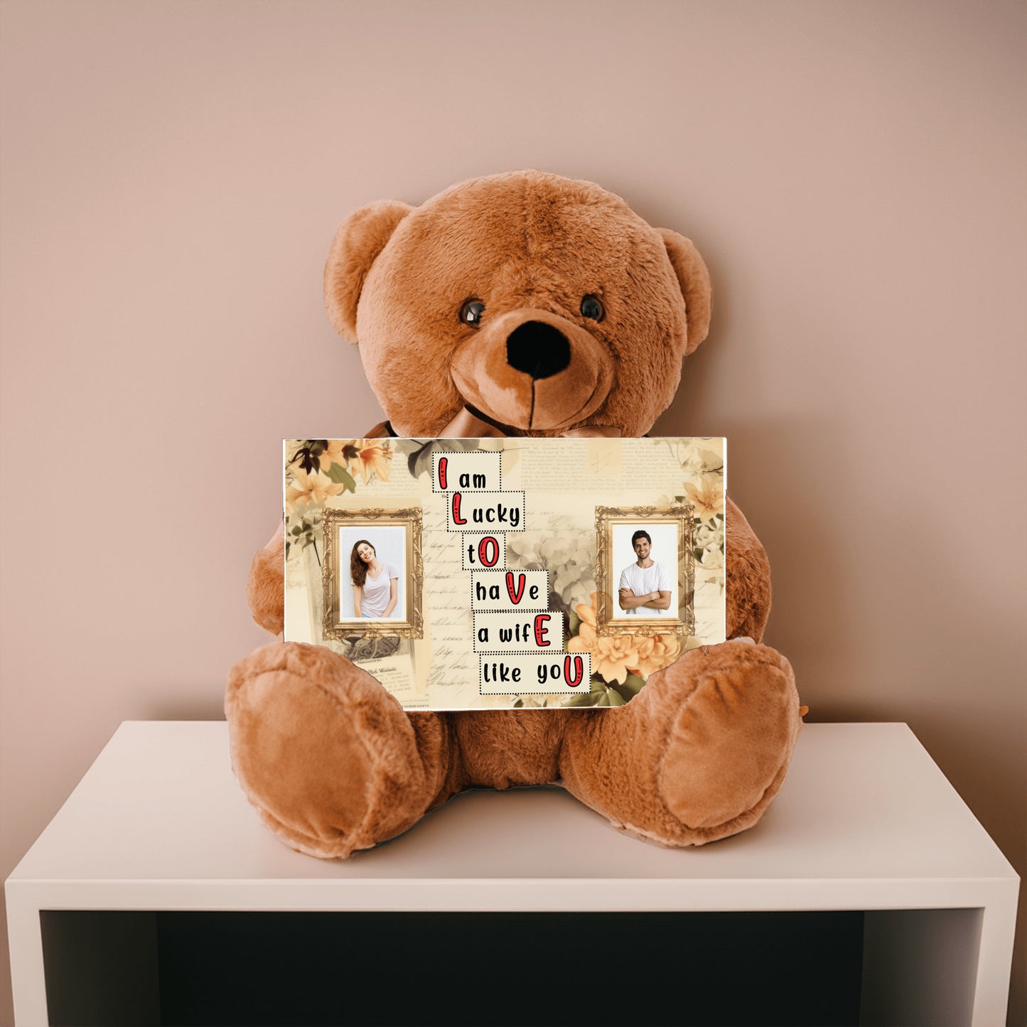 ILOVEU Romantic Gift for Wife - Personalized Couple Photo Teddy Bear with Vintage Design Sign Card