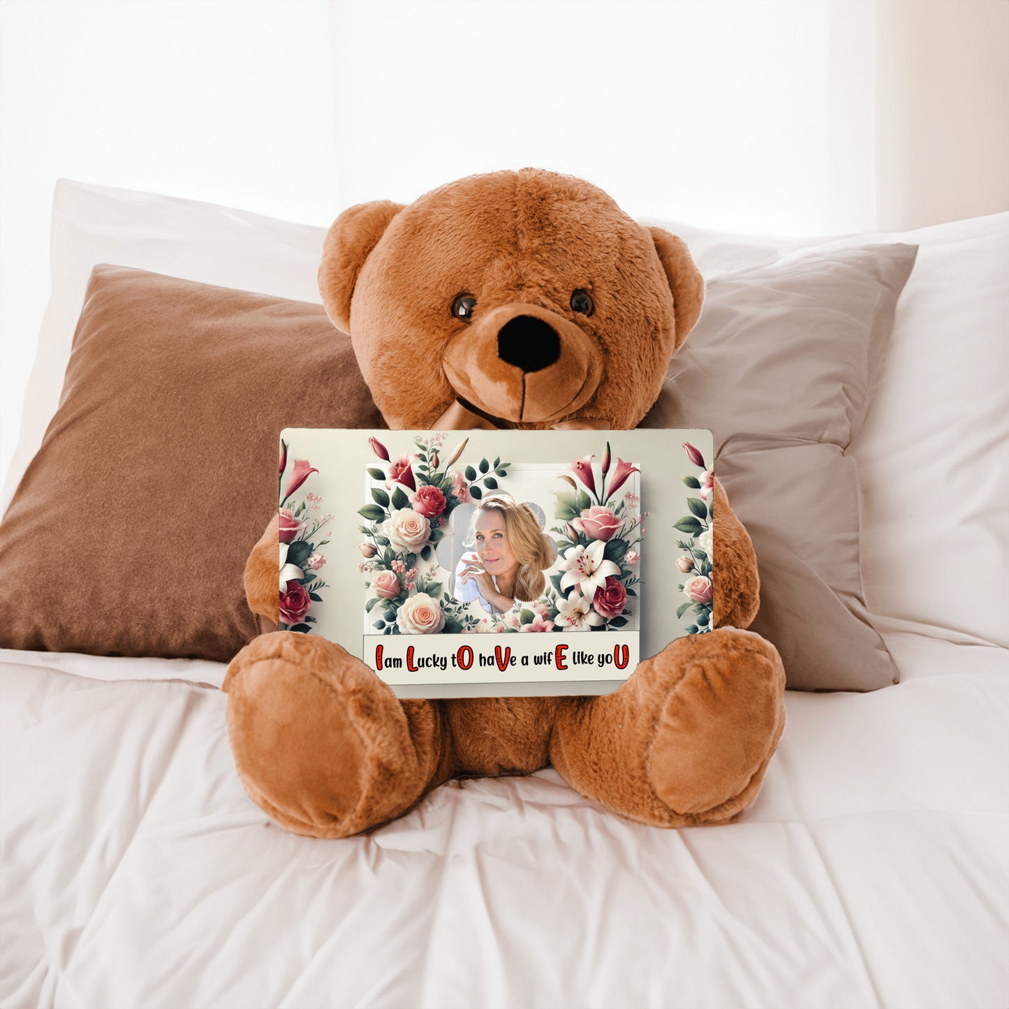 ILOVEU Personalized Photo Teddy Bear - Romantic Gift for Wife - Classic Roses Flower Design with Wife Custom Photo