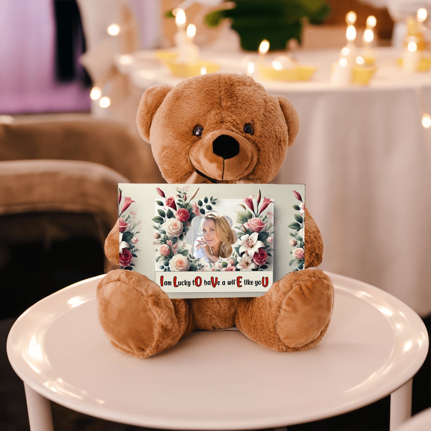 ILOVEU Personalized Photo Teddy Bear - Romantic Gift for Wife - Classic Roses Flower Design with Wife Custom Photo