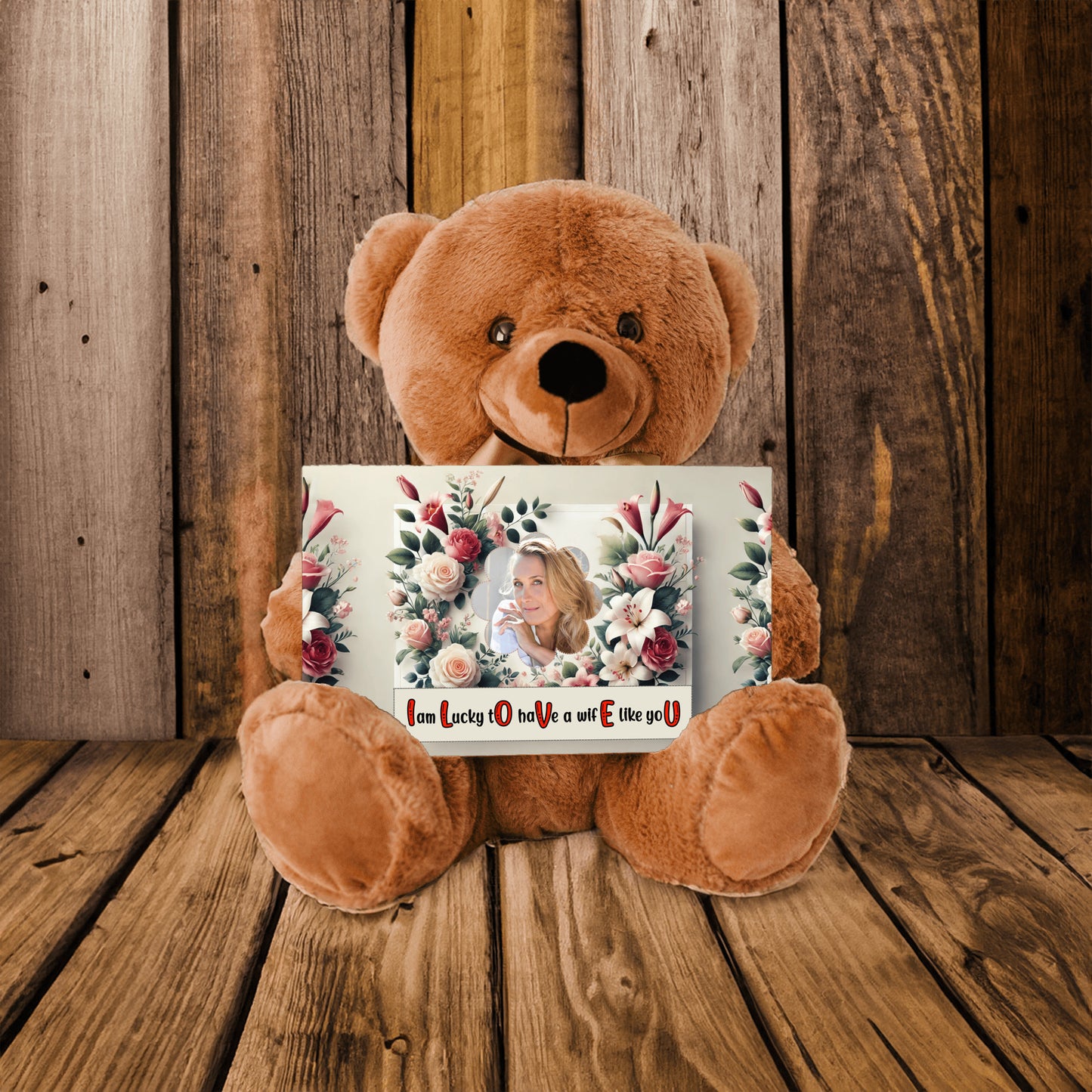 ILOVEU Personalized Photo Teddy Bear - Romantic Gift for Wife - Classic Roses Flower Design with Wife Custom Photo