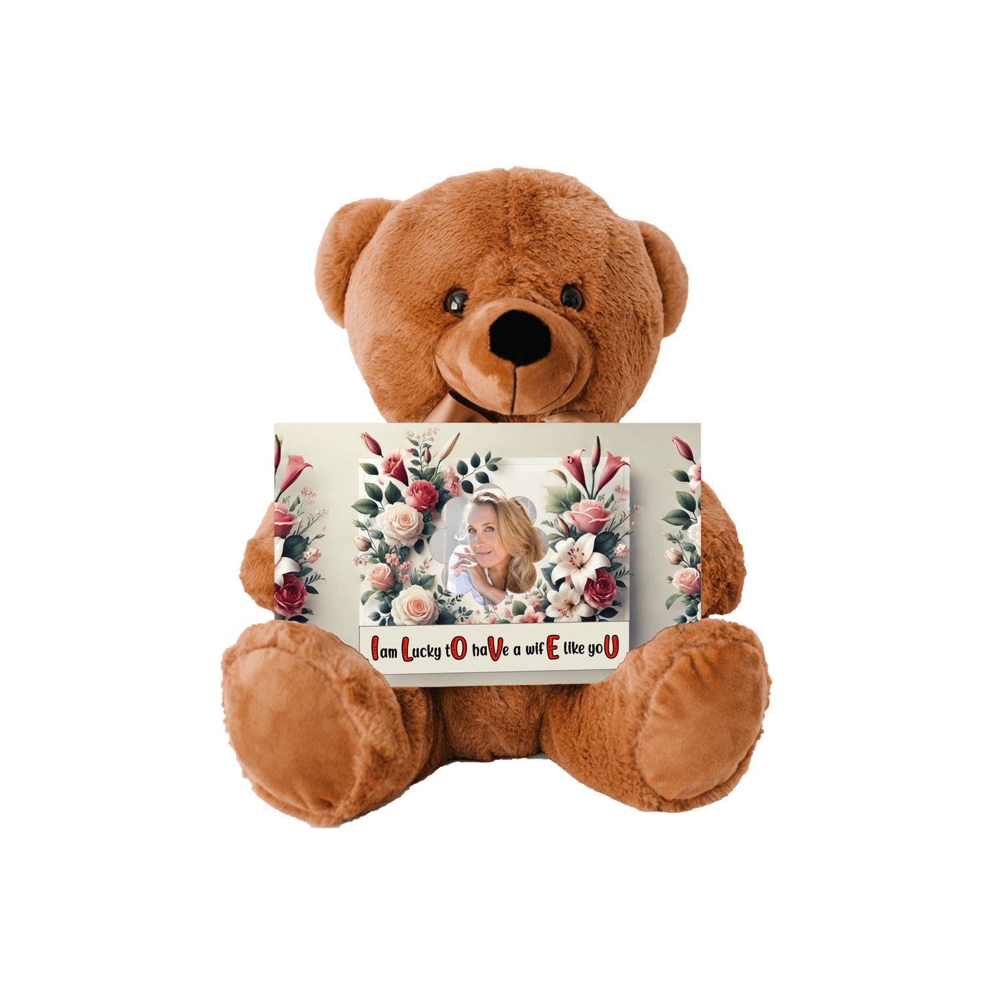 ILOVEU Personalized Photo Teddy Bear - Romantic Gift for Wife - Classic Roses Flower Design with Wife Custom Photo