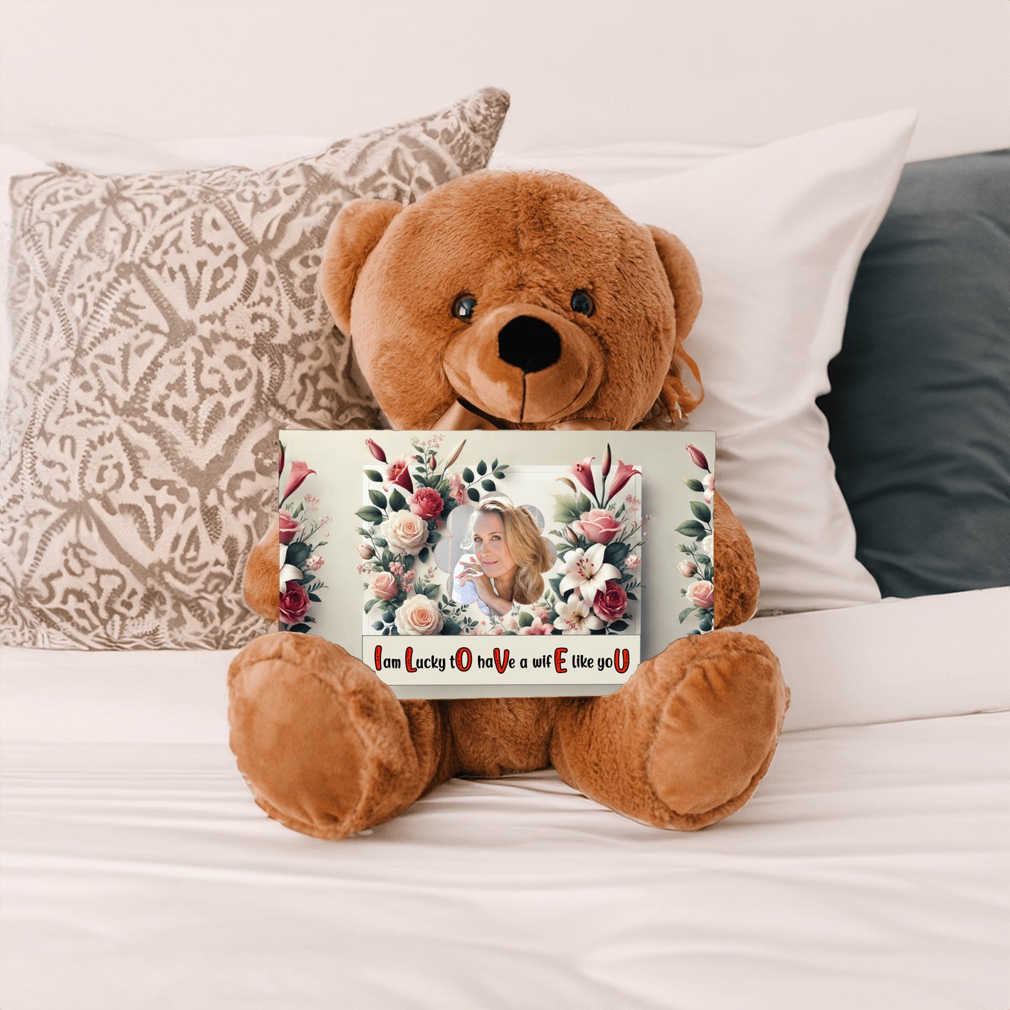 ILOVEU Personalized Photo Teddy Bear - Romantic Gift for Wife - Classic Roses Flower Design with Wife Custom Photo