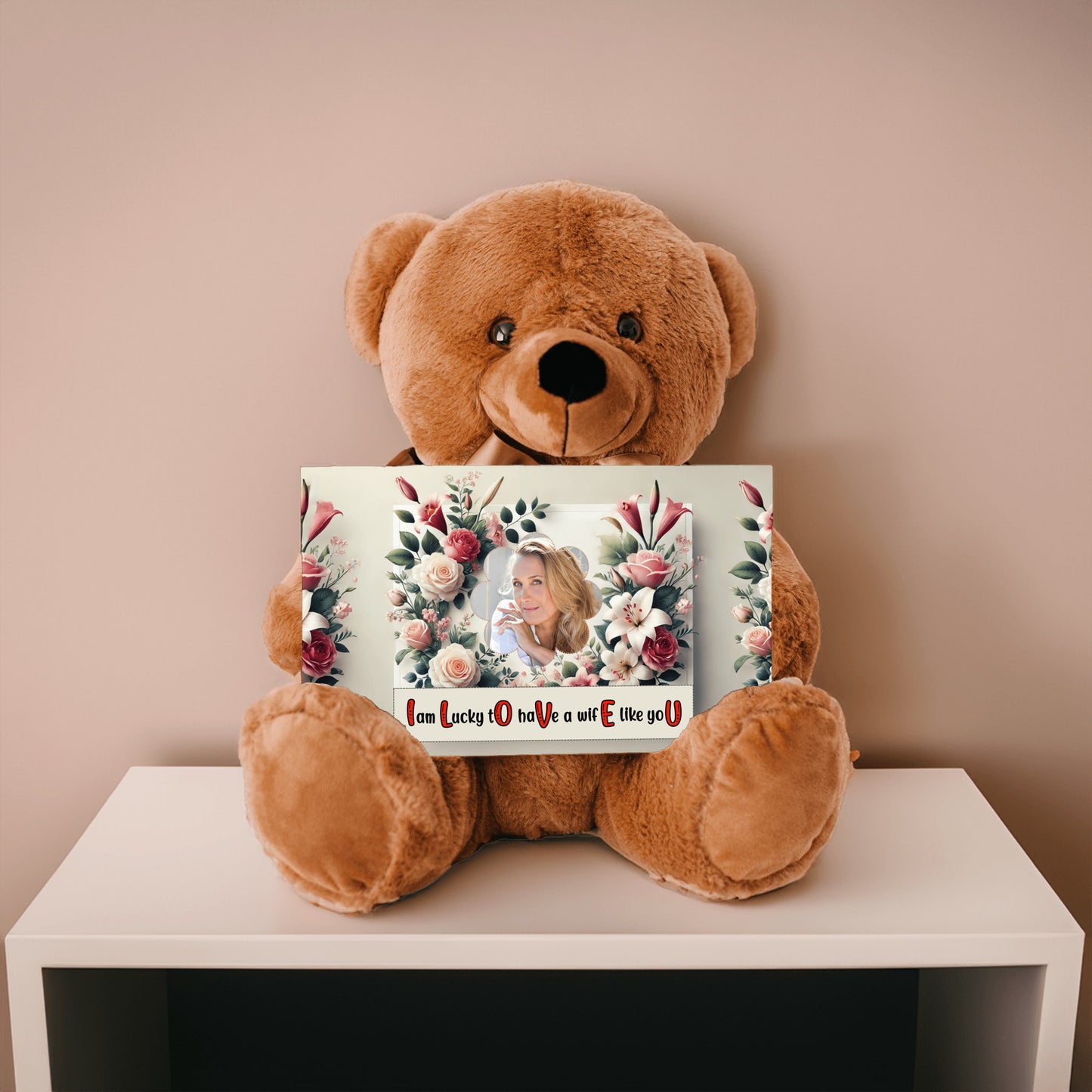 ILOVEU Personalized Photo Teddy Bear - Romantic Gift for Wife - Classic Roses Flower Design with Wife Custom Photo