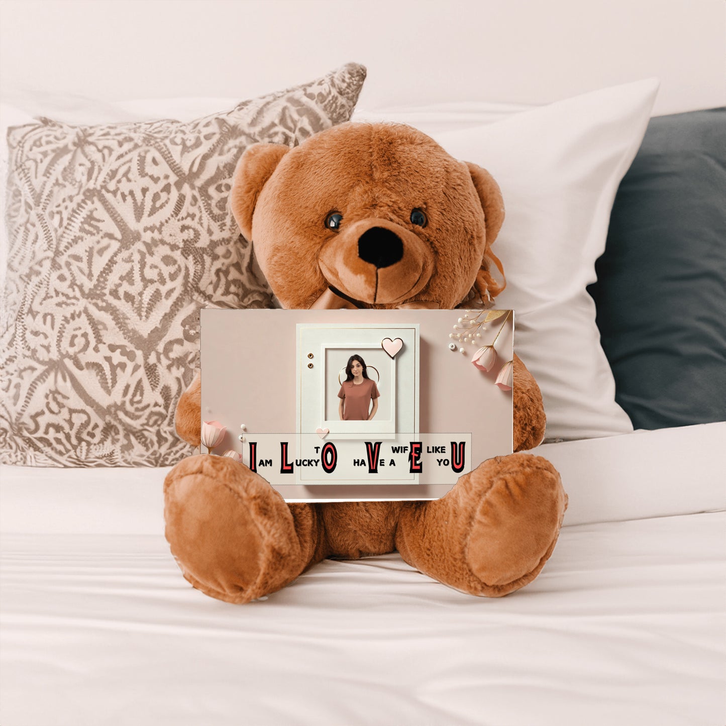 ILOVEU Personalized Photo Teddy Bear with SIgn - Romantic Gift for Wife