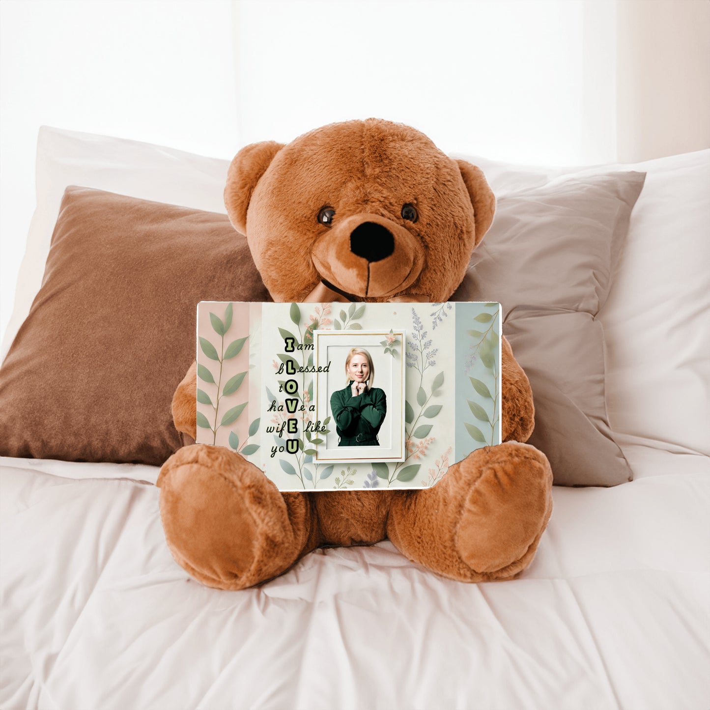 ILOVEU Personalized Teddy Bear Gift for Wife with Sign-  Green Leaf Theme Design