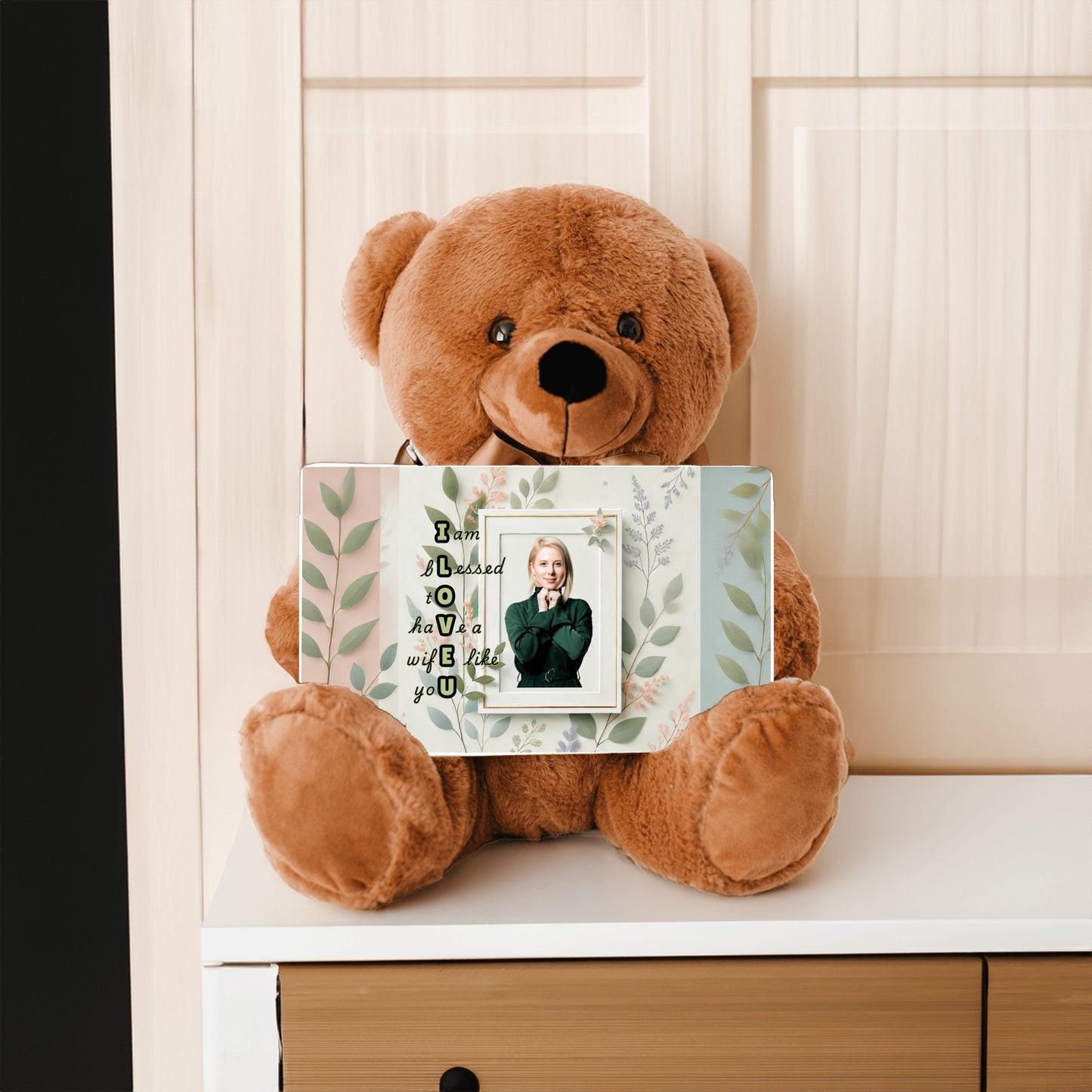 ILOVEU Personalized Teddy Bear Gift for Wife with Sign-  Green Leaf Theme Design