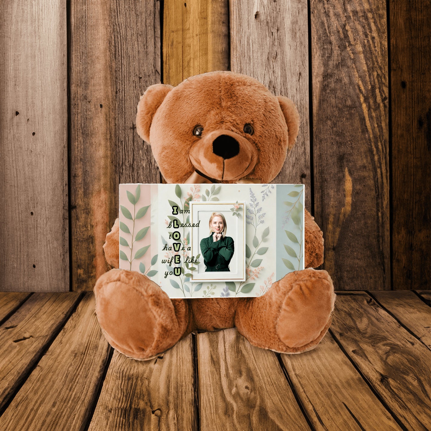 ILOVEU Personalized Teddy Bear Gift for Wife with Sign-  Green Leaf Theme Design