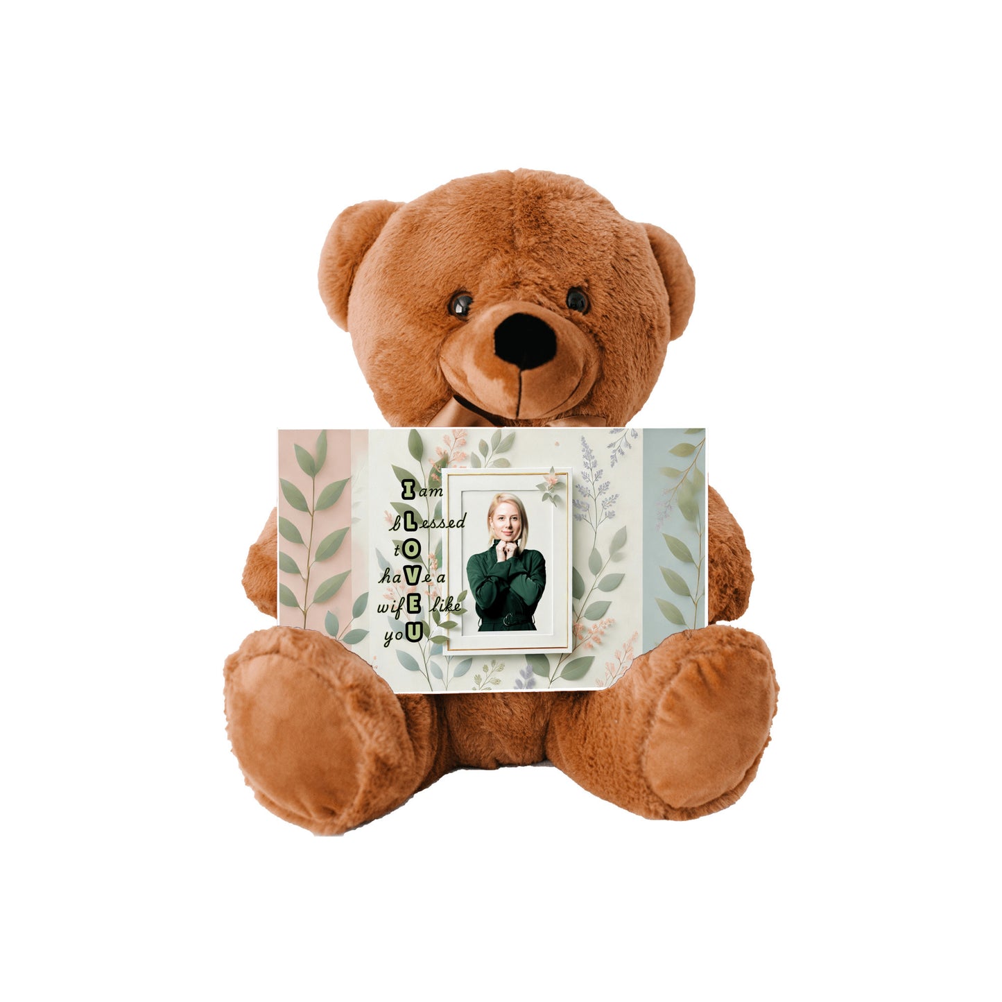 ILOVEU Personalized Teddy Bear Gift for Wife with Sign-  Green Leaf Theme Design