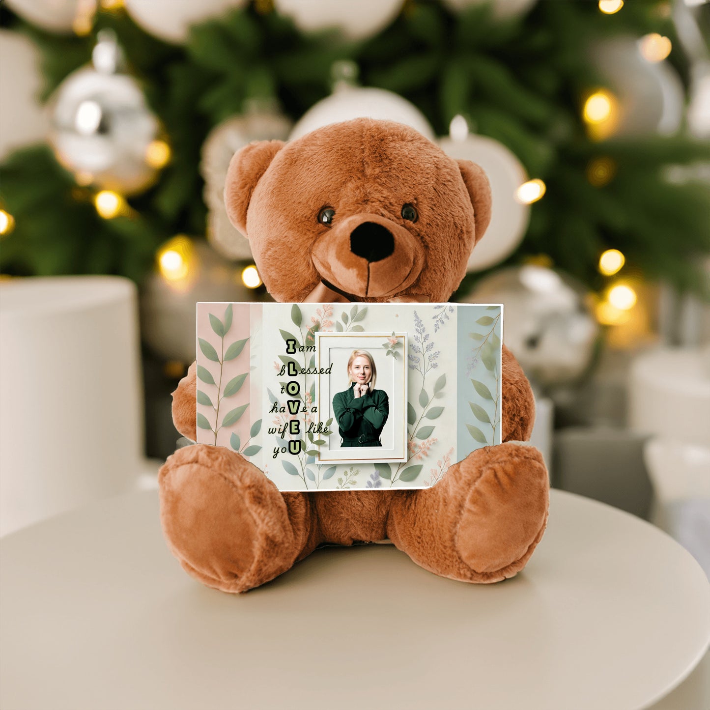 ILOVEU Personalized Teddy Bear Gift for Wife with Sign-  Green Leaf Theme Design