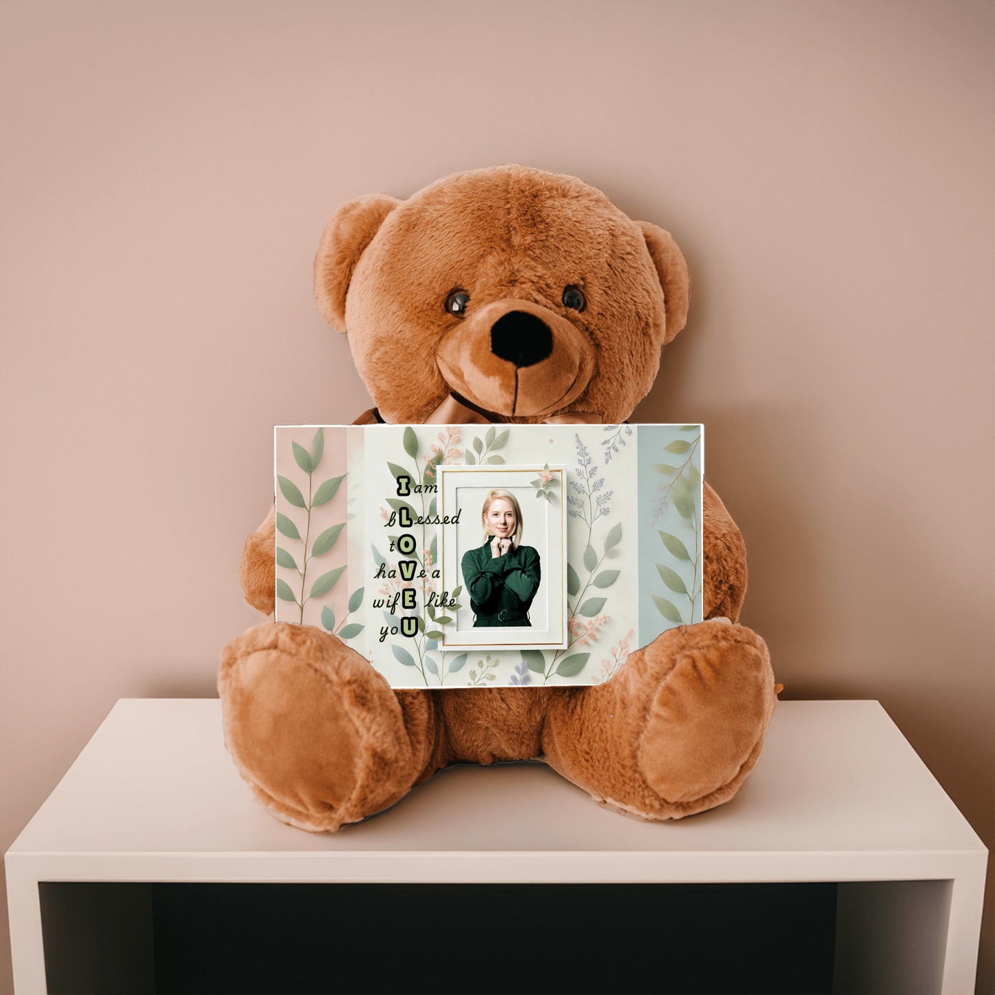 ILOVEU Personalized Teddy Bear Gift for Wife with Sign-  Green Leaf Theme Design