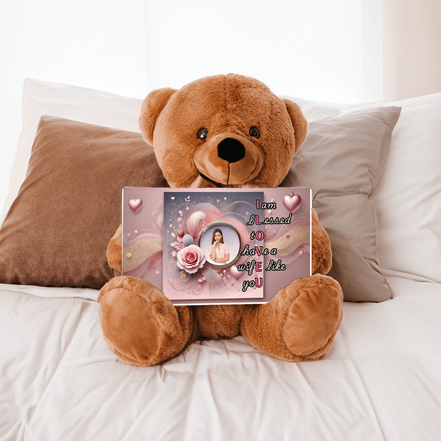 ILOVEU Personalized Teddy Bear with Sign - Gift For Wife with Pink Rose and Heart Design & "I am blessed to have a wife like you" Message