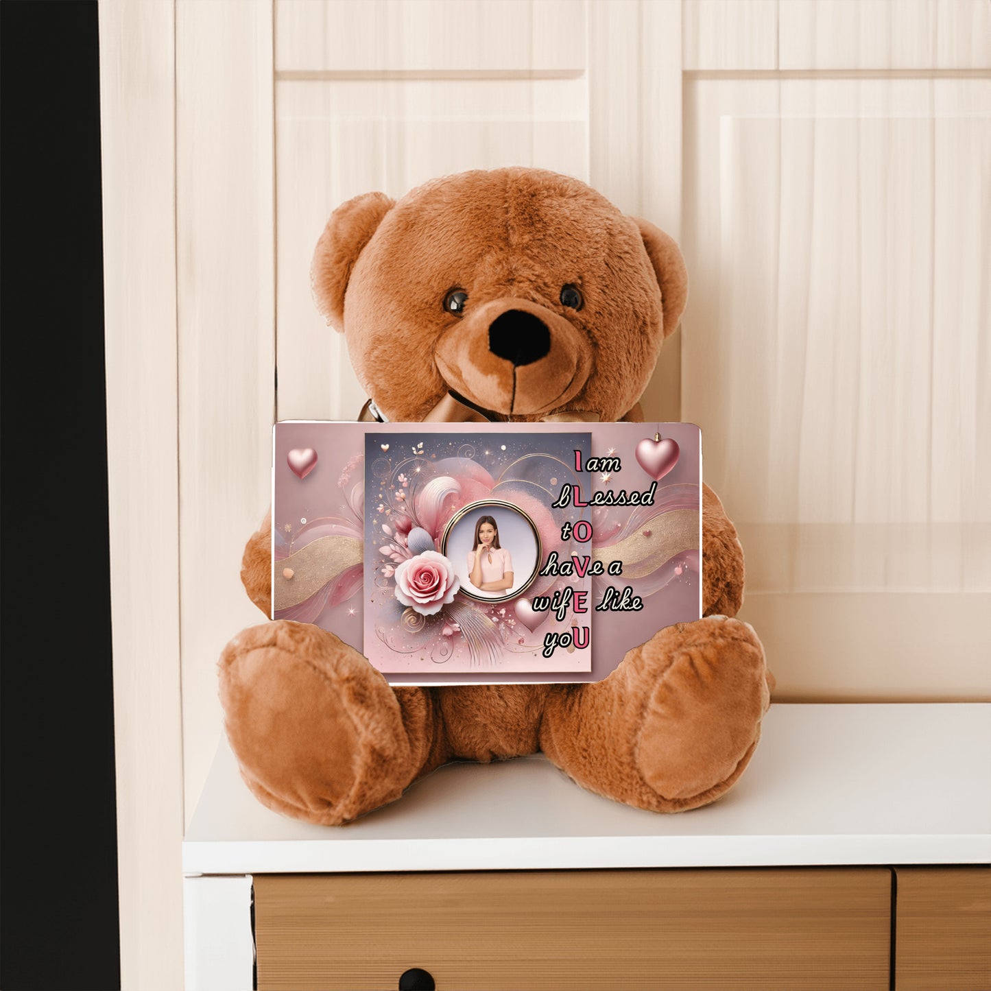 ILOVEU Personalized Teddy Bear with Sign - Gift For Wife with Pink Rose and Heart Design & "I am blessed to have a wife like you" Message