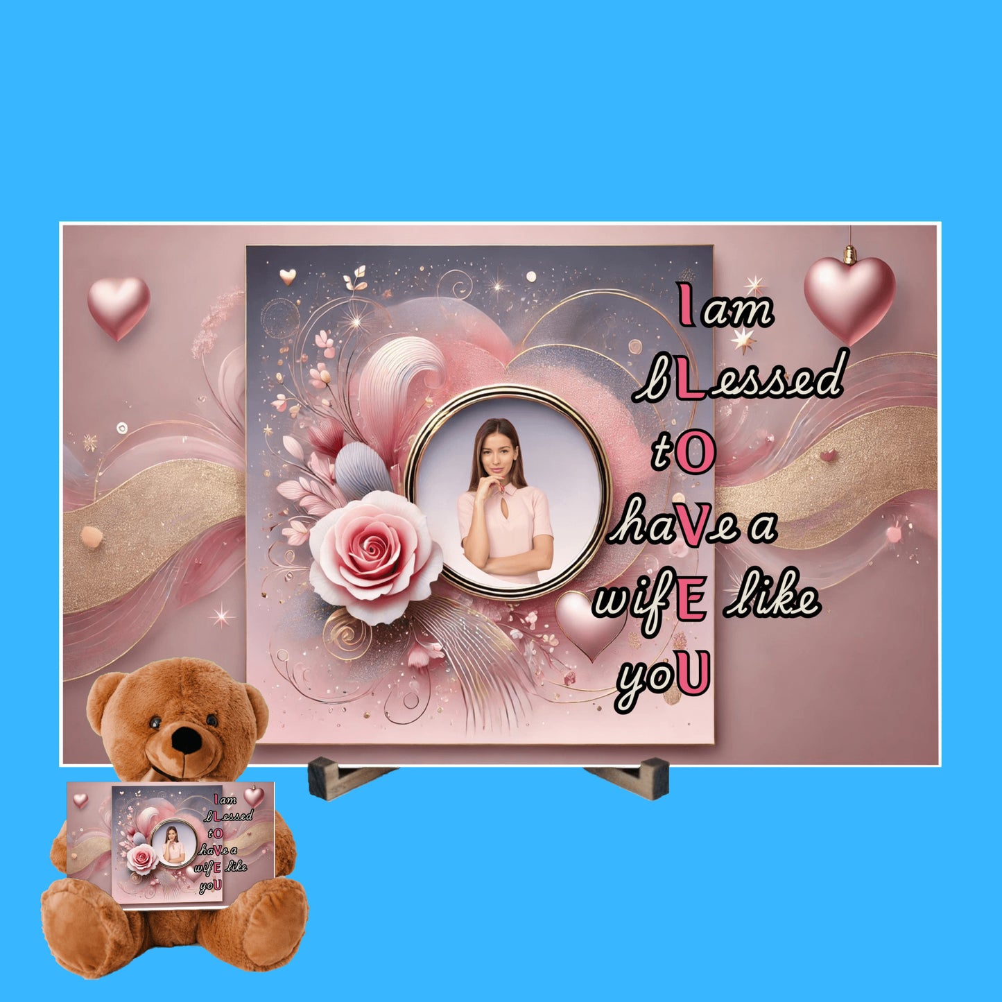 ILOVEU Personalized Teddy Bear with Sign - Gift For Wife with Pink Rose and Heart Design & "I am blessed to have a wife like you" Message