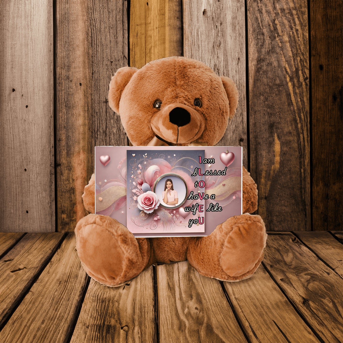 ILOVEU Personalized Teddy Bear with Sign - Gift For Wife with Pink Rose and Heart Design & "I am blessed to have a wife like you" Message