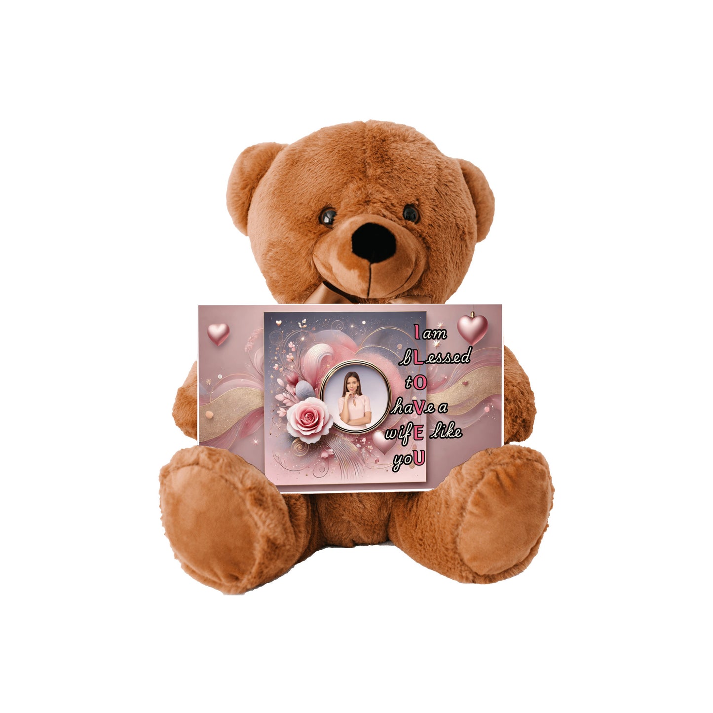 ILOVEU Personalized Teddy Bear with Sign - Gift For Wife with Pink Rose and Heart Design & "I am blessed to have a wife like you" Message