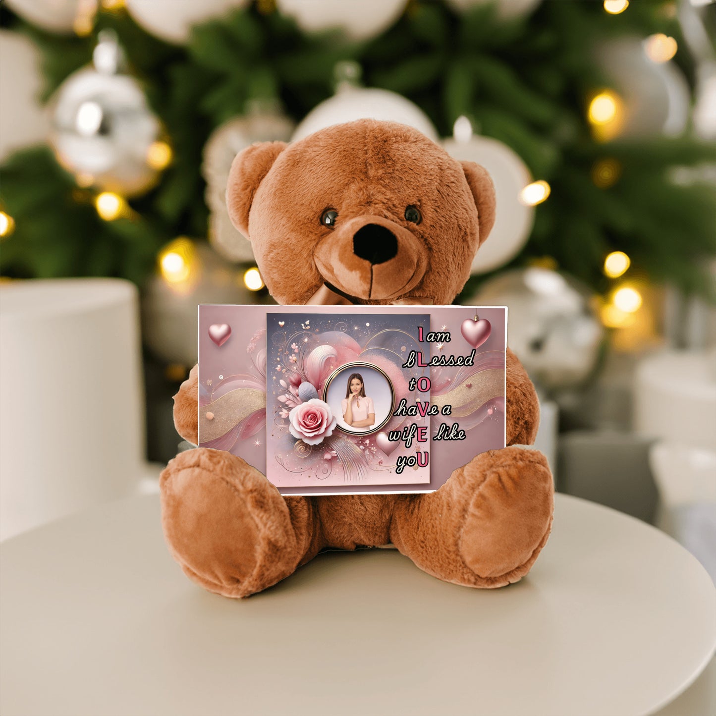 ILOVEU Personalized Teddy Bear with Sign - Gift For Wife with Pink Rose and Heart Design & "I am blessed to have a wife like you" Message