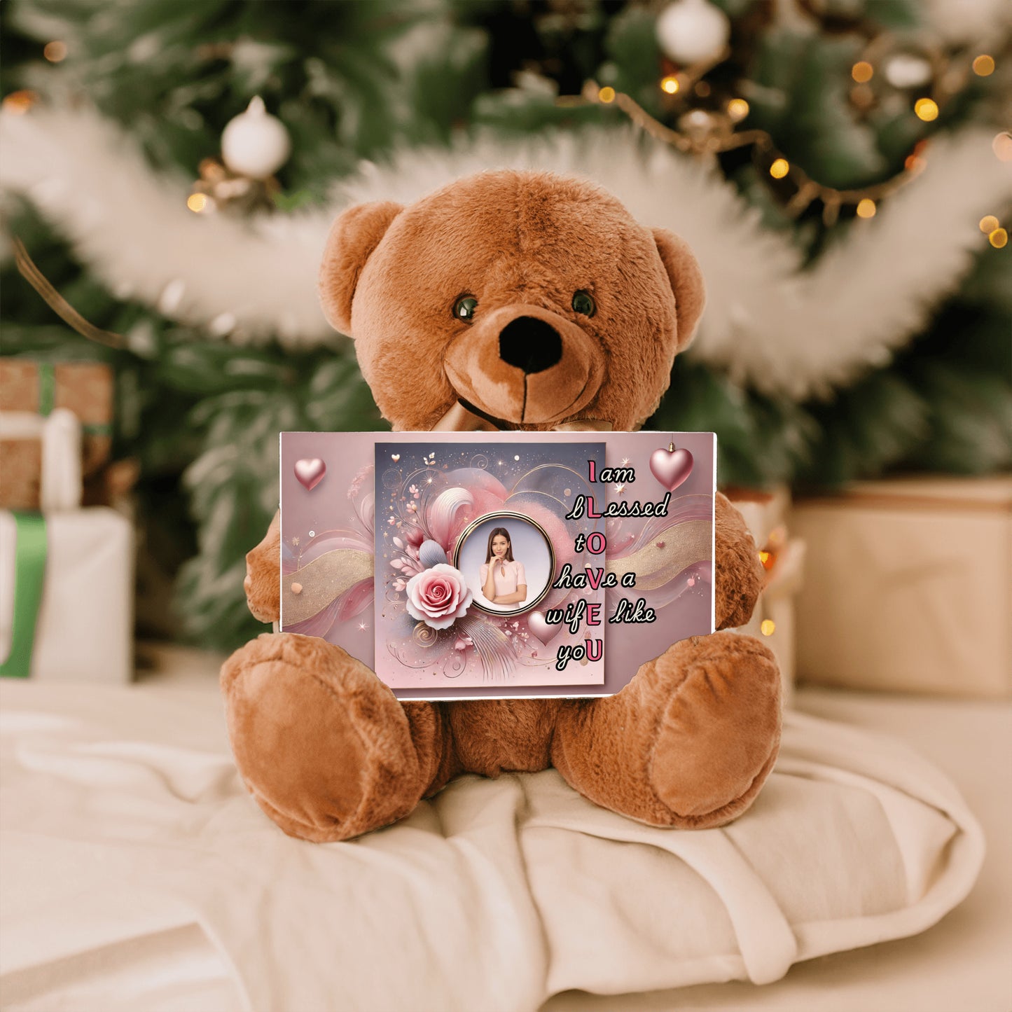 ILOVEU Personalized Teddy Bear with Sign - Gift For Wife with Pink Rose and Heart Design & "I am blessed to have a wife like you" Message