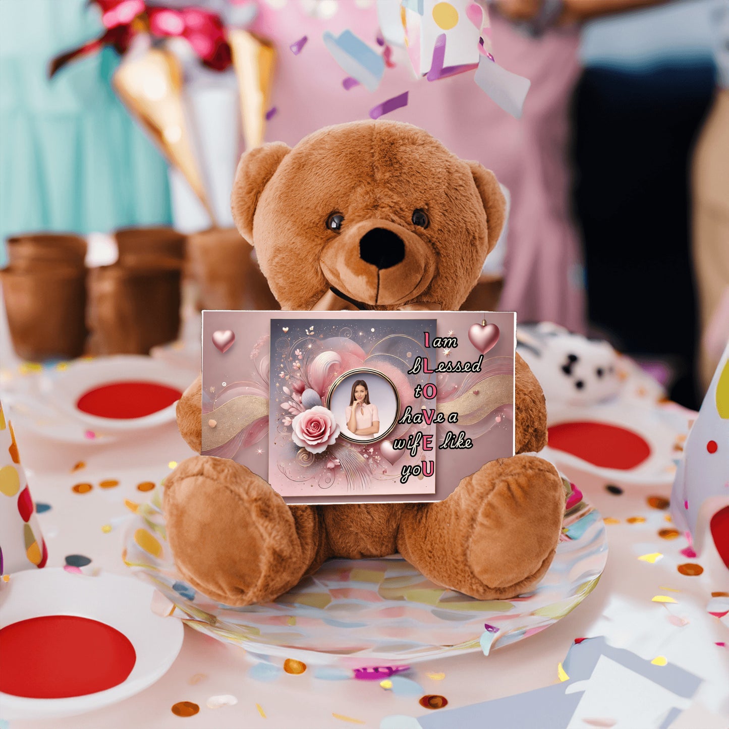 ILOVEU Personalized Teddy Bear with Sign - Gift For Wife with Pink Rose and Heart Design & "I am blessed to have a wife like you" Message