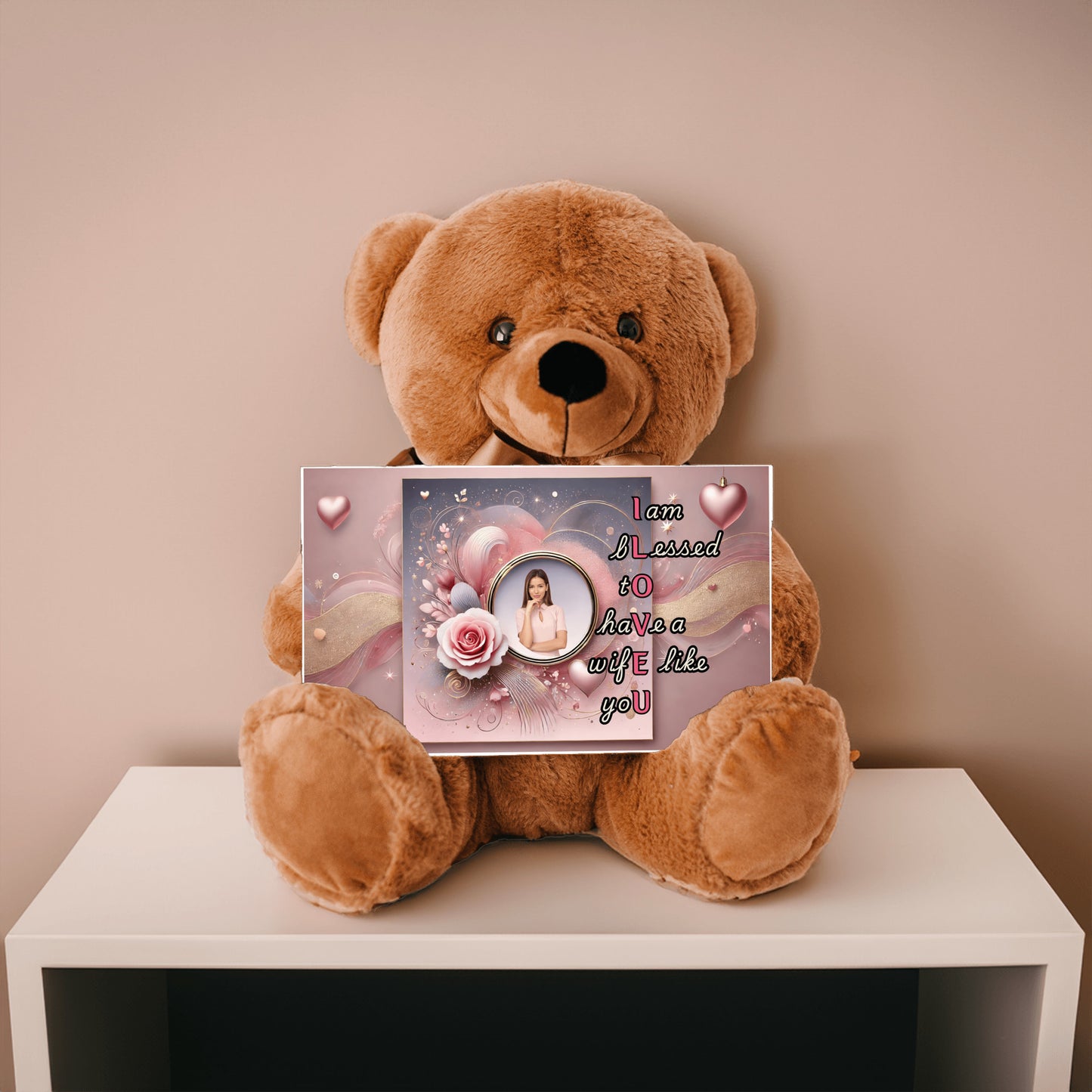 ILOVEU Personalized Teddy Bear with Sign - Gift For Wife with Pink Rose and Heart Design & "I am blessed to have a wife like you" Message