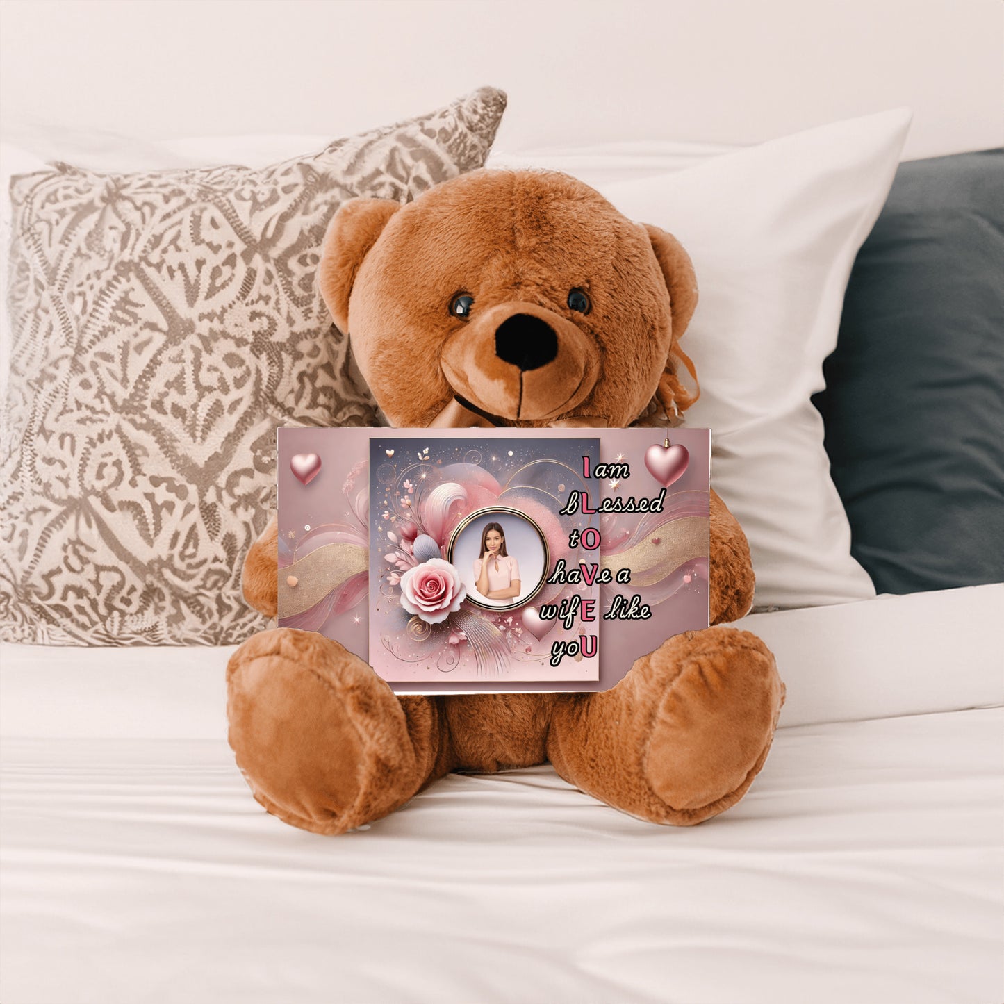 ILOVEU Personalized Teddy Bear with Sign - Gift For Wife with Pink Rose and Heart Design & "I am blessed to have a wife like you" Message