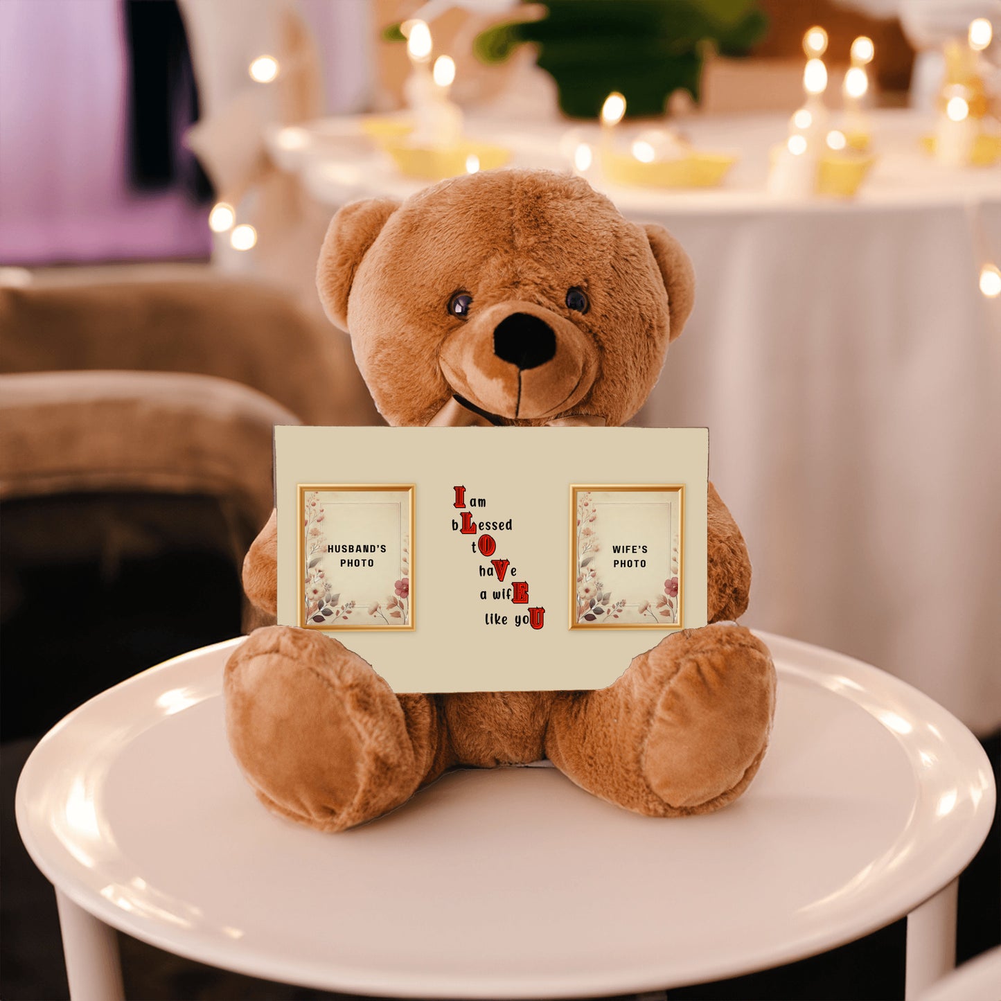 ILOVEU Personalized Teddy Bear with Sign - Gift for Wife - Customized Couple Photo