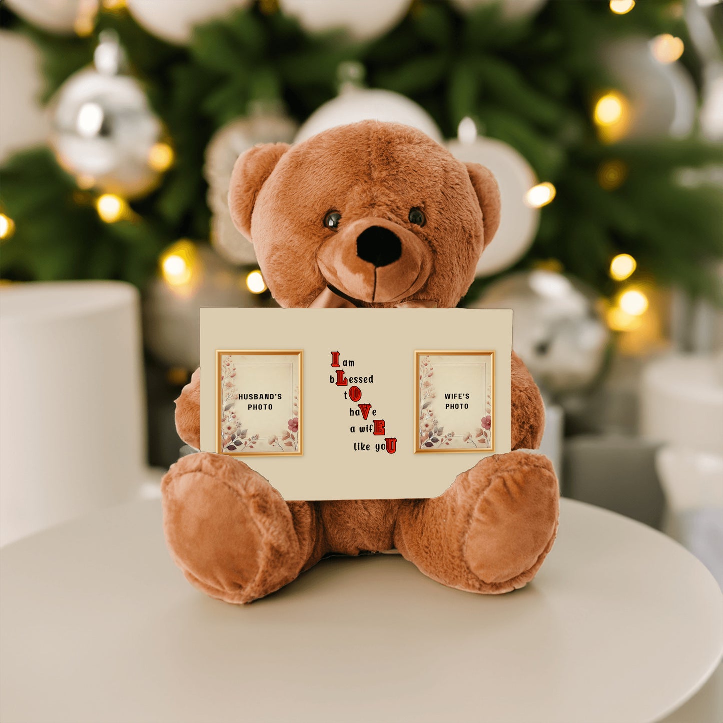 ILOVEU Personalized Teddy Bear with Sign - Gift for Wife - Customized Couple Photo