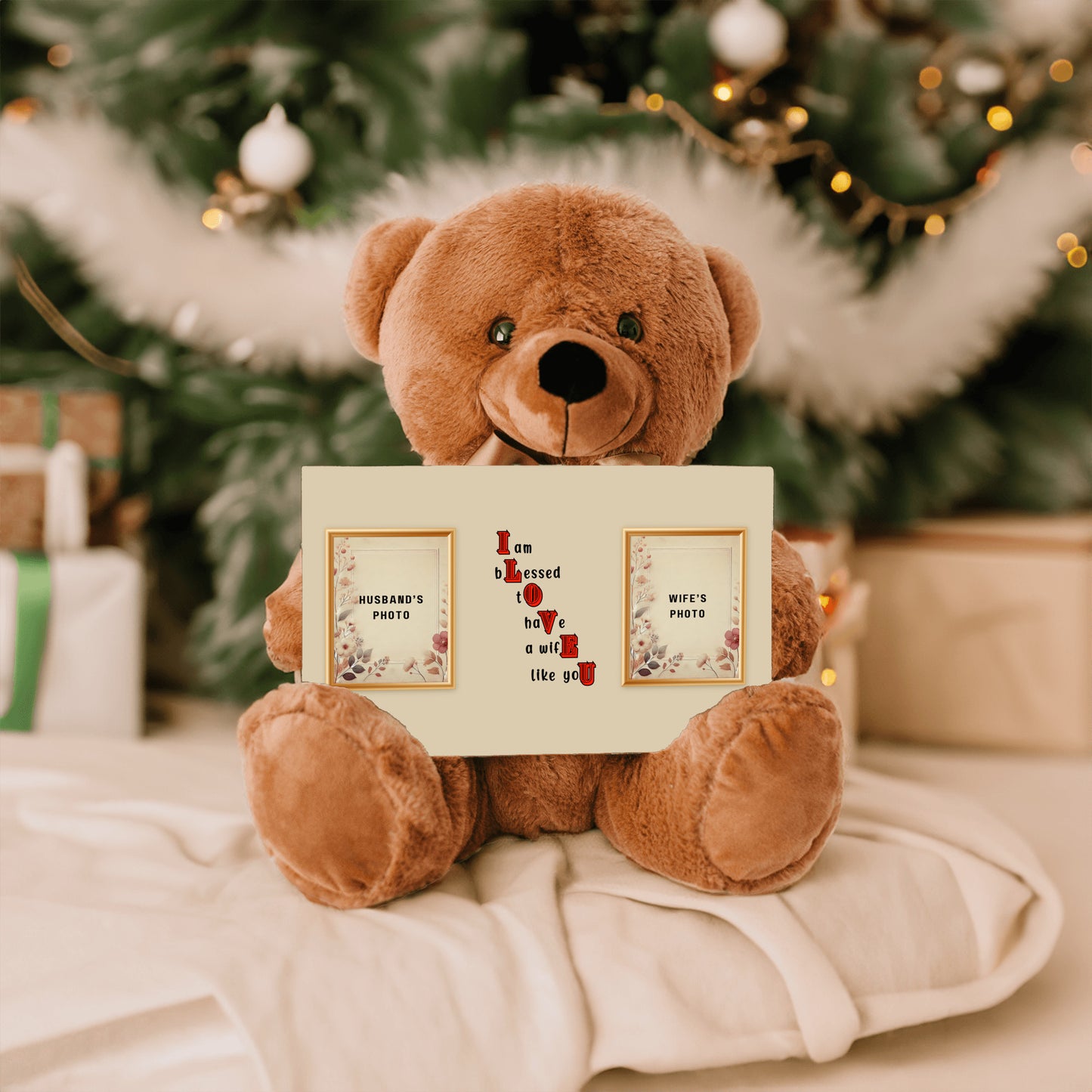 ILOVEU Personalized Teddy Bear with Sign - Gift for Wife - Customized Couple Photo