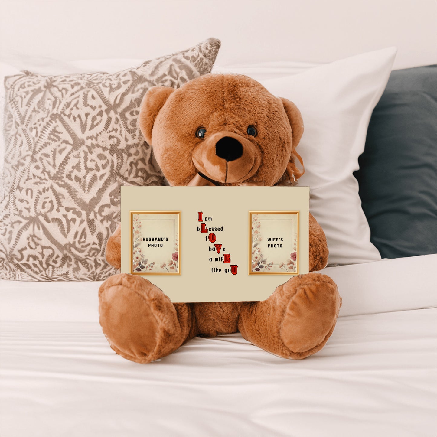 ILOVEU Personalized Teddy Bear with Sign - Gift for Wife - Customized Couple Photo