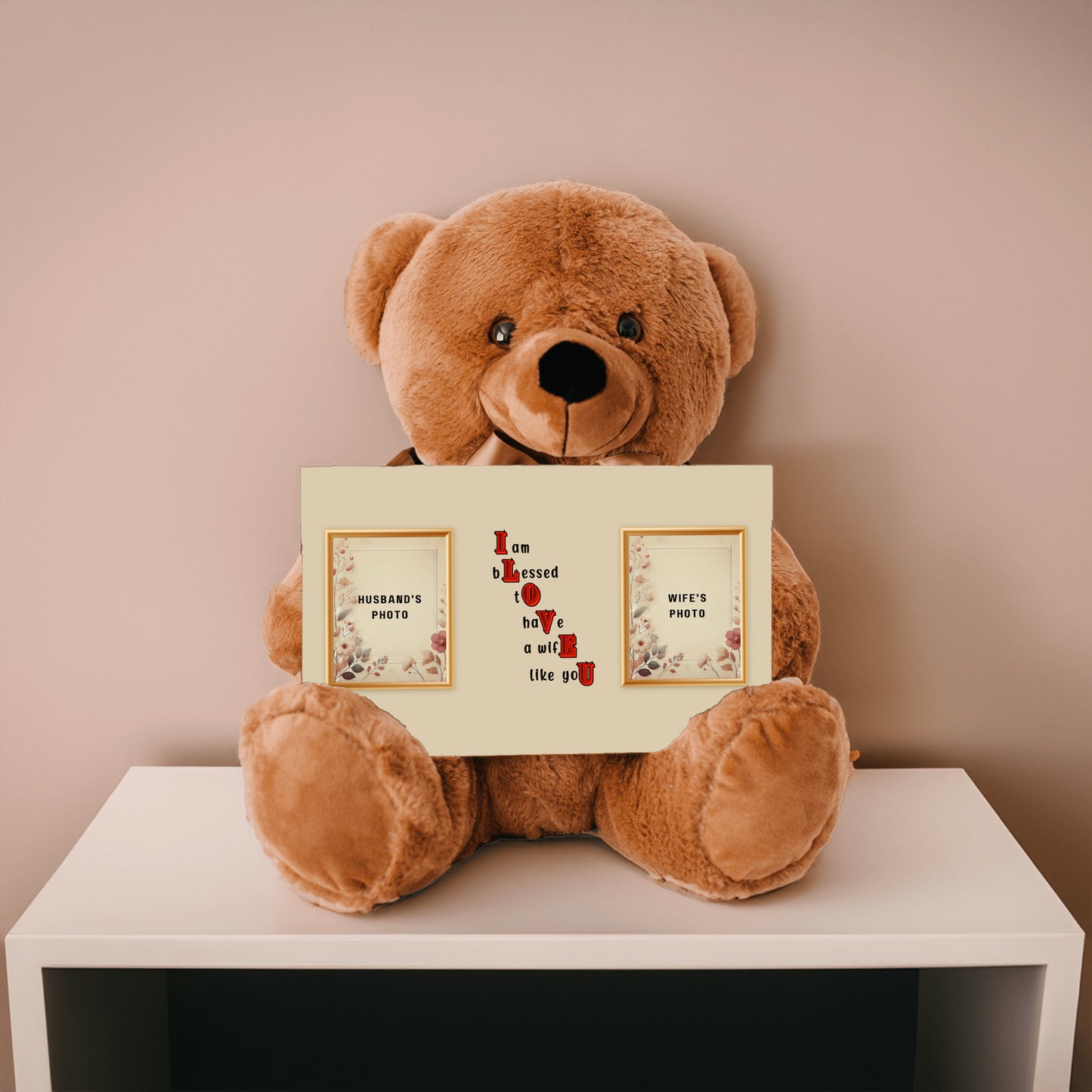 ILOVEU Personalized Teddy Bear with Sign - Gift for Wife - Customized Couple Photo