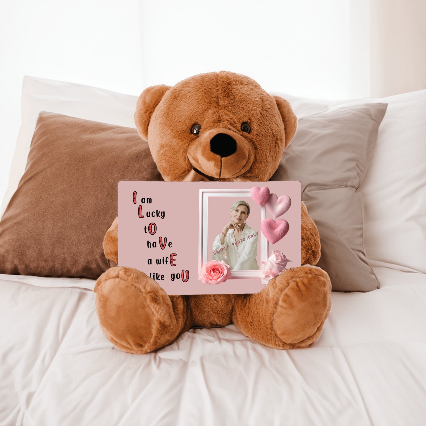 ILOVEU Personalized Photo Teddy Bear Gift for Wife with Sign - Minimalist Pastel Pink Heart Design