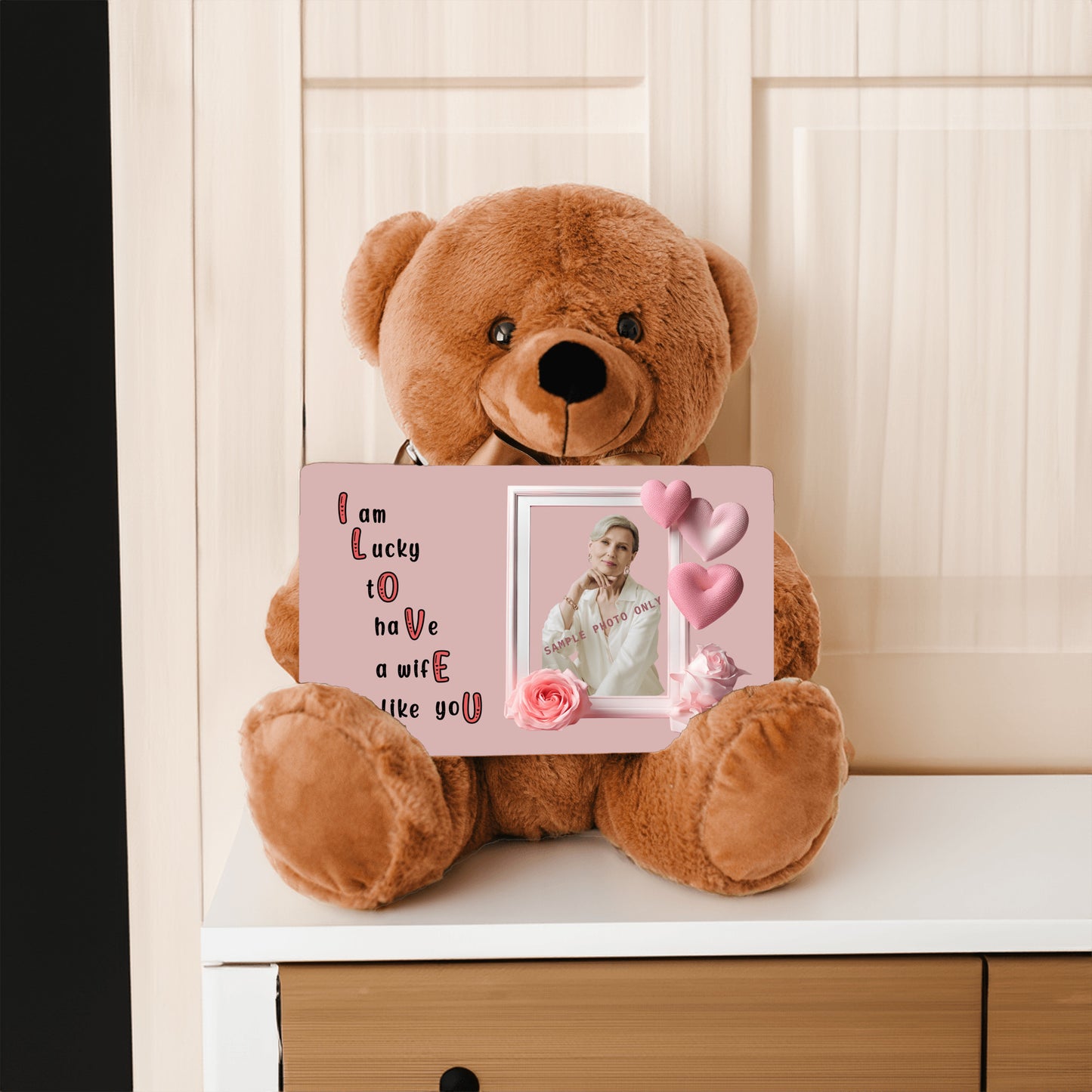 ILOVEU Personalized Photo Teddy Bear Gift for Wife with Sign - Minimalist Pastel Pink Heart Design