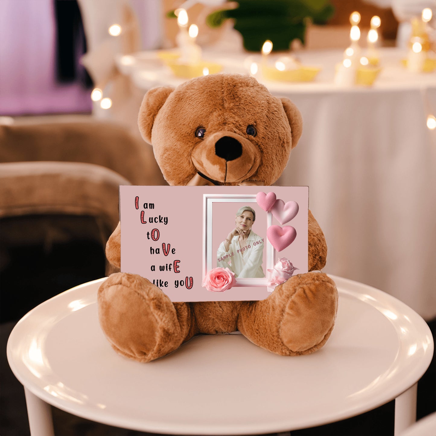 ILOVEU Personalized Photo Teddy Bear Gift for Wife with Sign - Minimalist Pastel Pink Heart Design