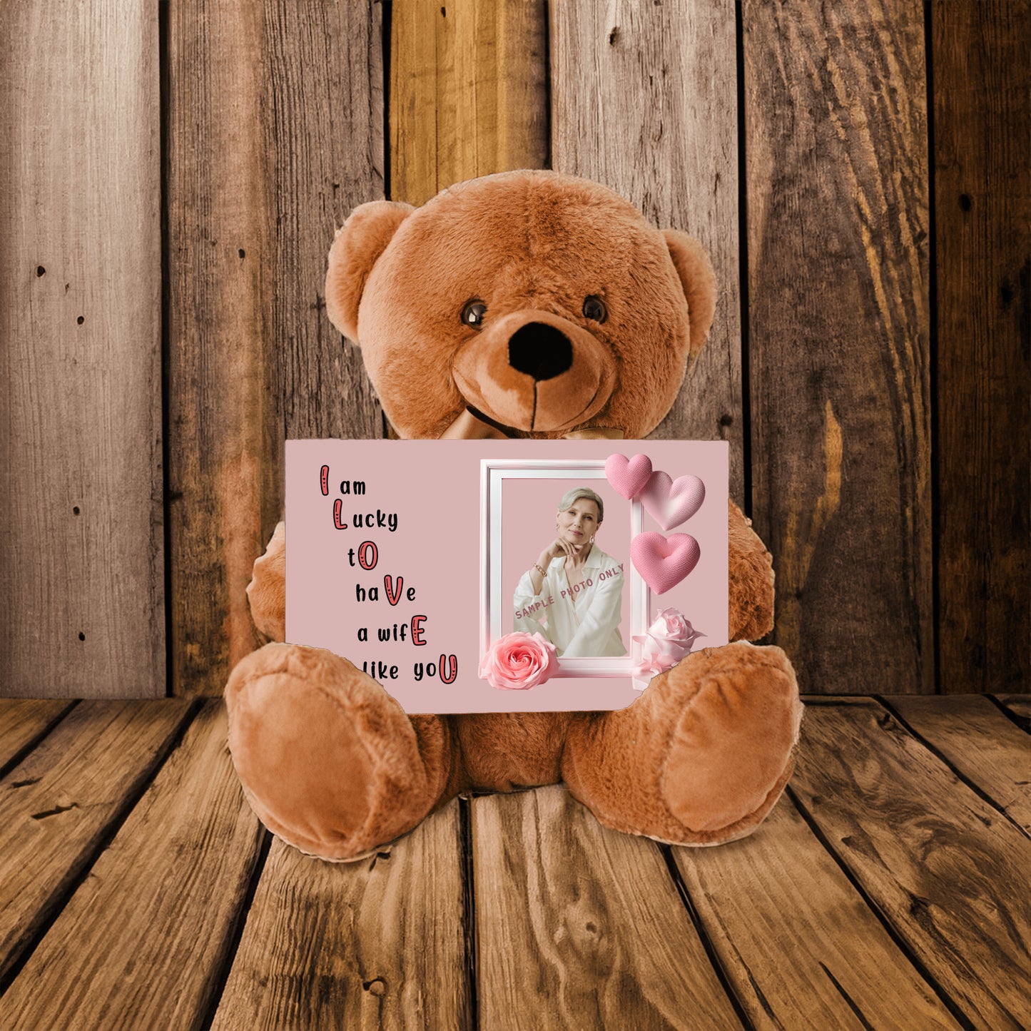 ILOVEU Personalized Photo Teddy Bear Gift for Wife with Sign - Minimalist Pastel Pink Heart Design