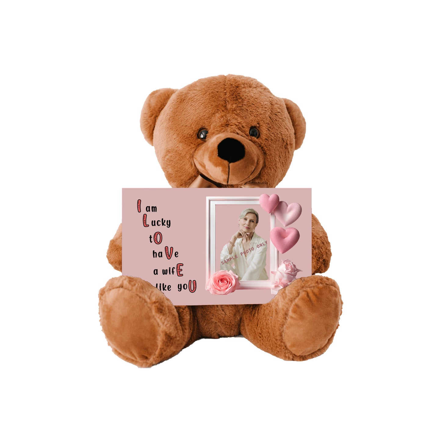 ILOVEU Personalized Photo Teddy Bear Gift for Wife with Sign - Minimalist Pastel Pink Heart Design