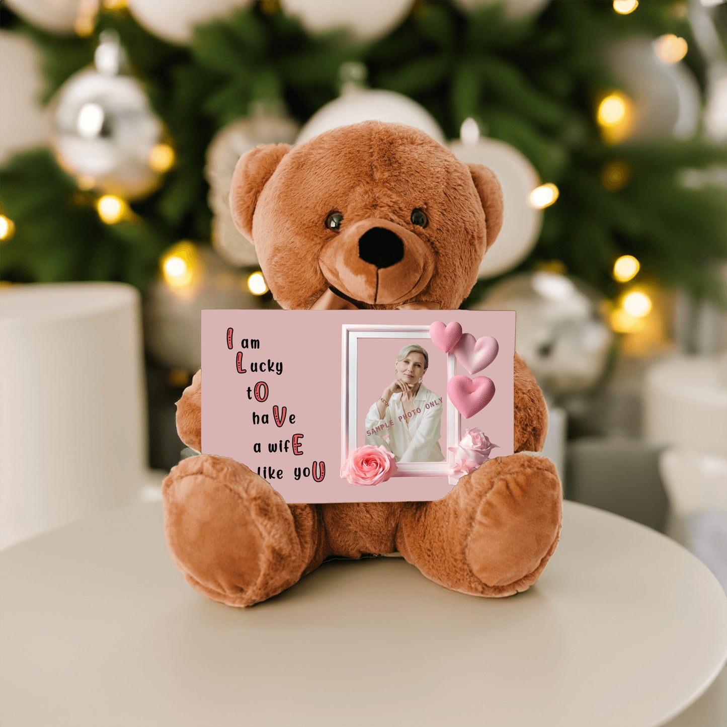 ILOVEU Personalized Photo Teddy Bear Gift for Wife with Sign - Minimalist Pastel Pink Heart Design