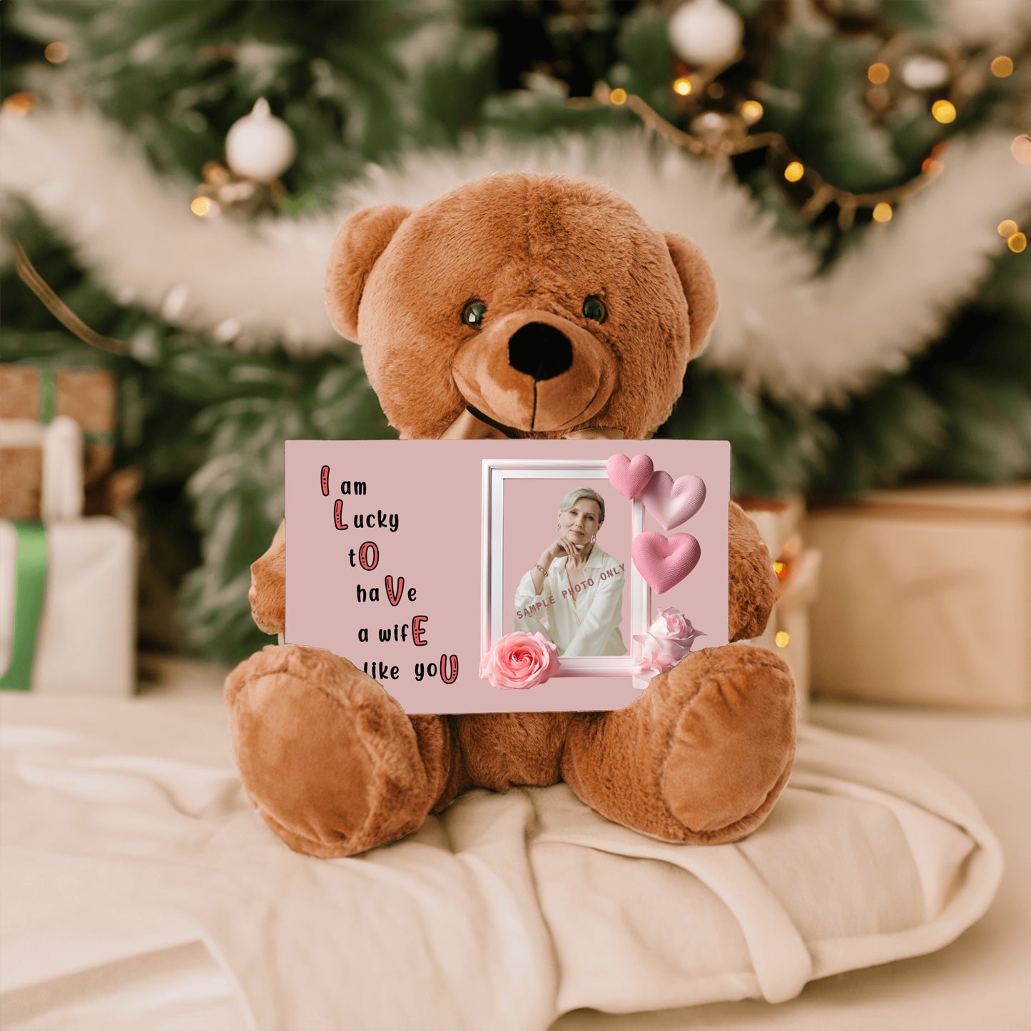 ILOVEU Personalized Photo Teddy Bear Gift for Wife with Sign - Minimalist Pastel Pink Heart Design