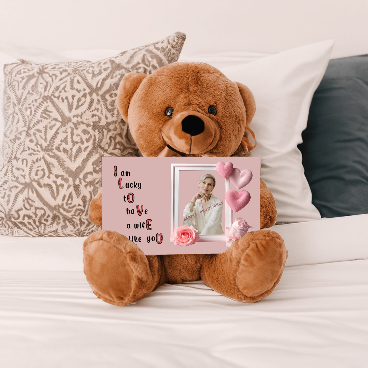 ILOVEU Personalized Photo Teddy Bear Gift for Wife with Sign - Minimalist Pastel Pink Heart Design