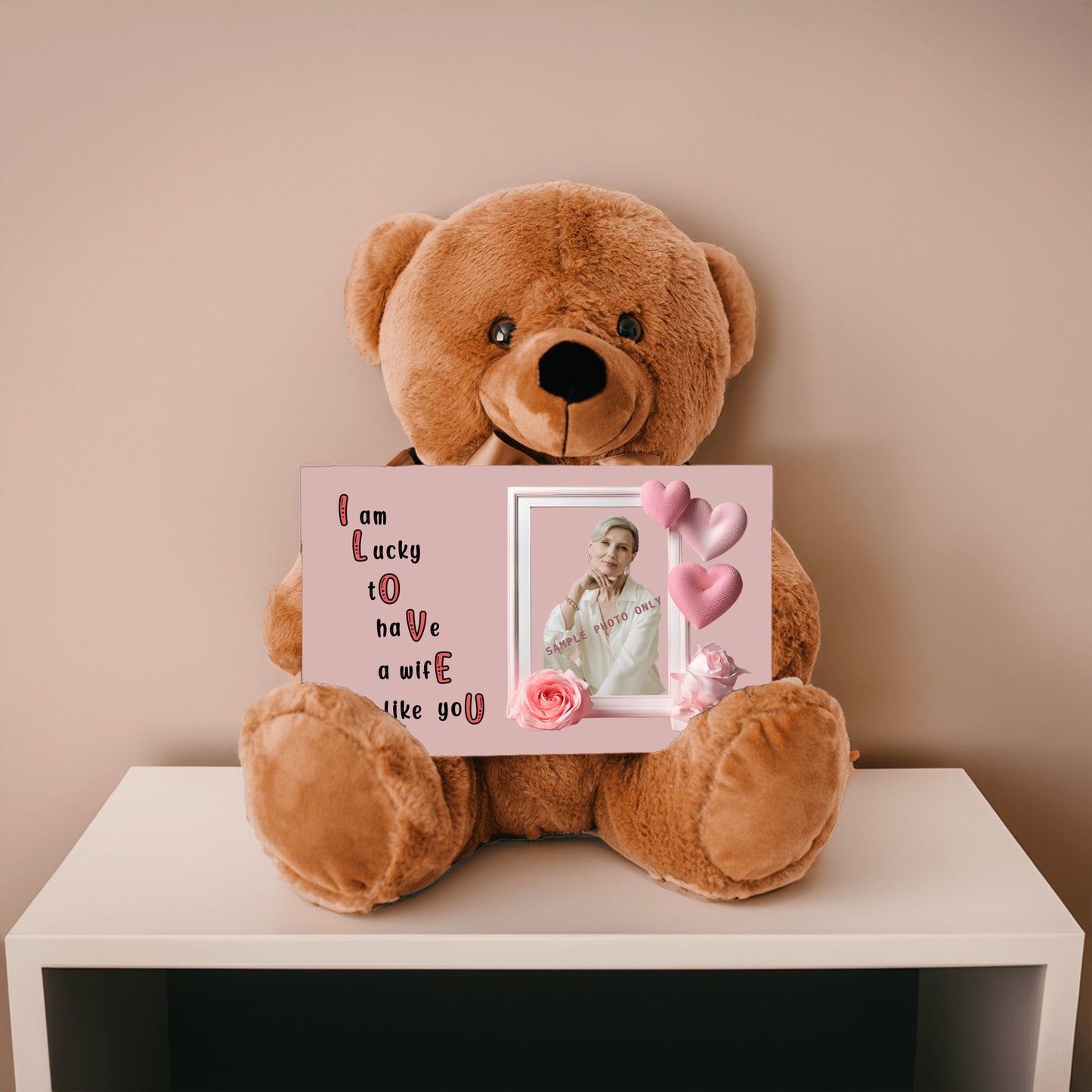 ILOVEU Personalized Photo Teddy Bear Gift for Wife with Sign - Minimalist Pastel Pink Heart Design