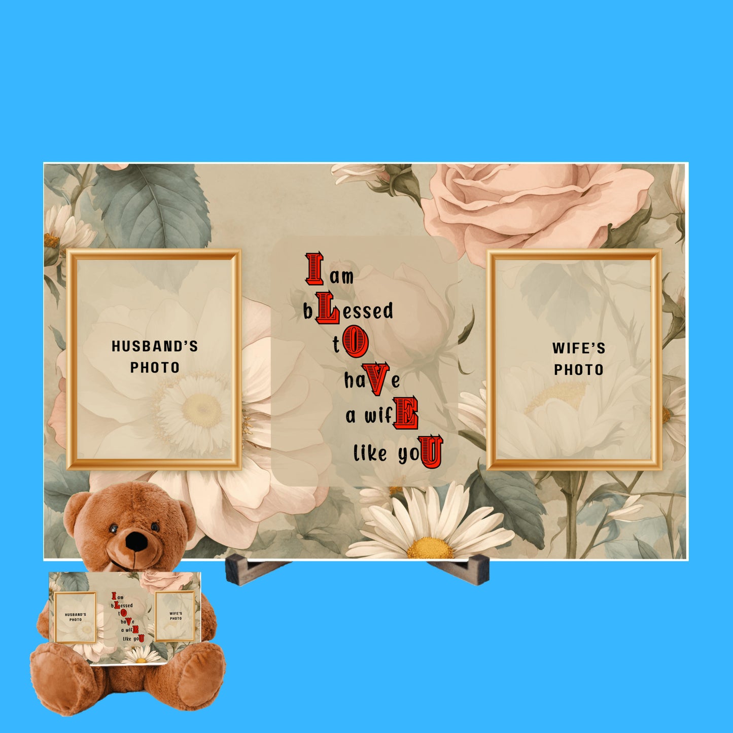 ILOVEU Personalized Photo Teddy Bear Gift for Wife with Sign - Floral Vintage Design