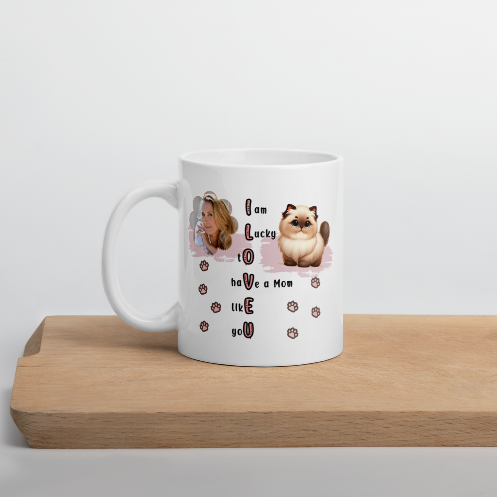 ILOVEU Personalized Gift for Wife -  Custom Photo Mug with Cute Cat Design - White Glossy Mug