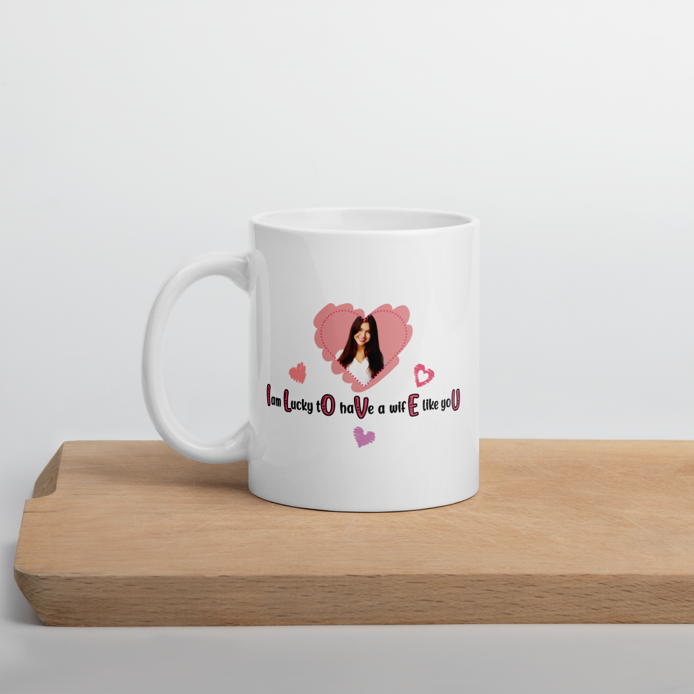 ILOVEU White Glosy Mug - Gift for Wife - Personalized Photo Mug with Heart Design