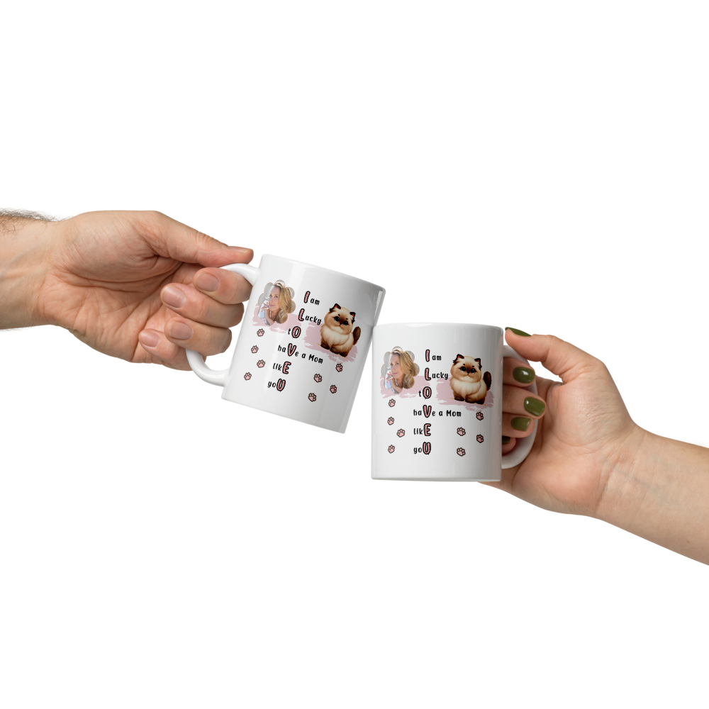 ILOVEU Personalized Gift for Wife -  Custom Photo Mug with Cute Cat Design - White Glossy Mug