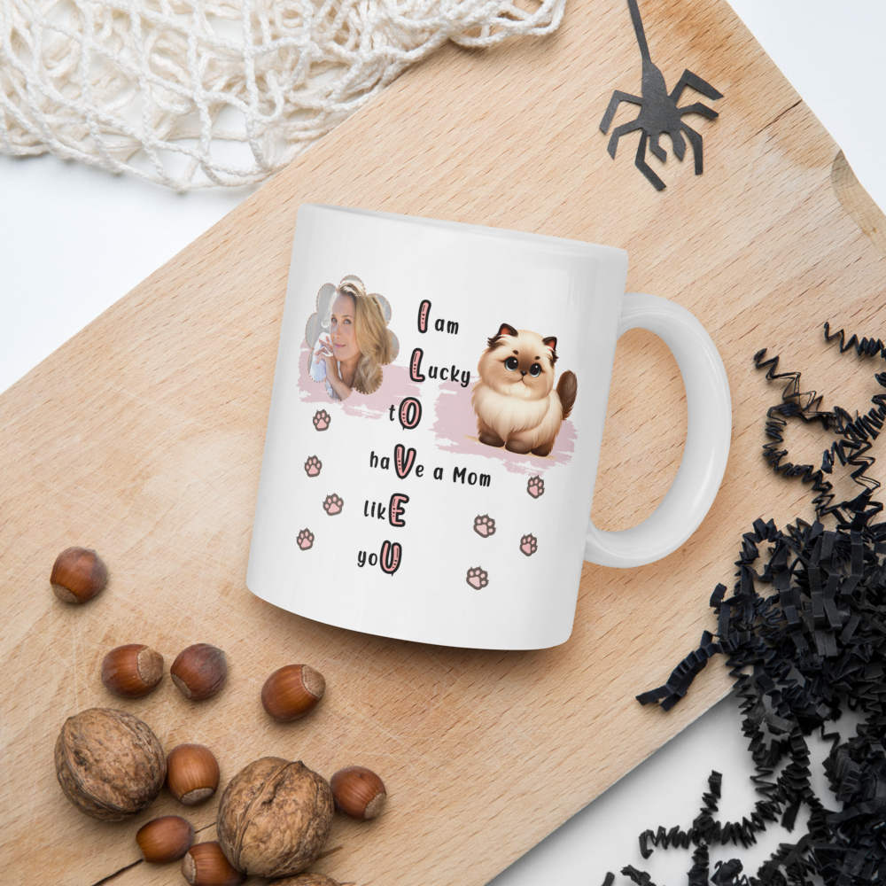 ILOVEU Personalized Gift for Wife -  Custom Photo Mug with Cute Cat Design - White Glossy Mug